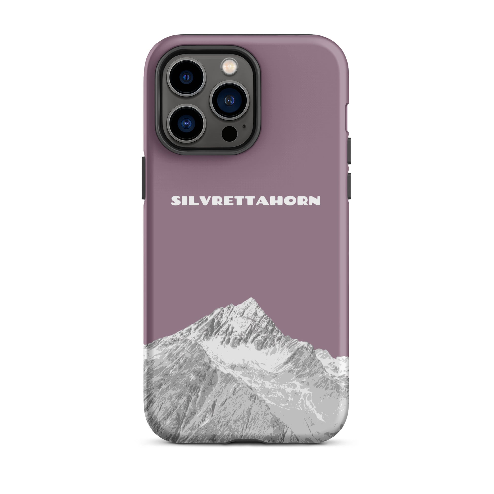 Hülle für das iPhone 14 Pro Max von Apple in der Farbe Pastellviolett, dass das Silvrettahorn auf der Grenze Graubündens zu Vorarlberg zeigt.