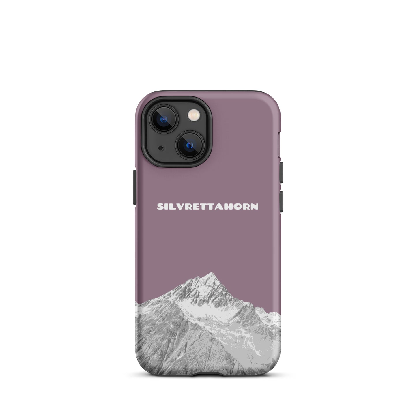 Hülle für das iPhone 13 mini von Apple in der Farbe Pastellviolett, dass das Silvrettahorn auf der Grenze Graubündens zu Vorarlberg zeigt.