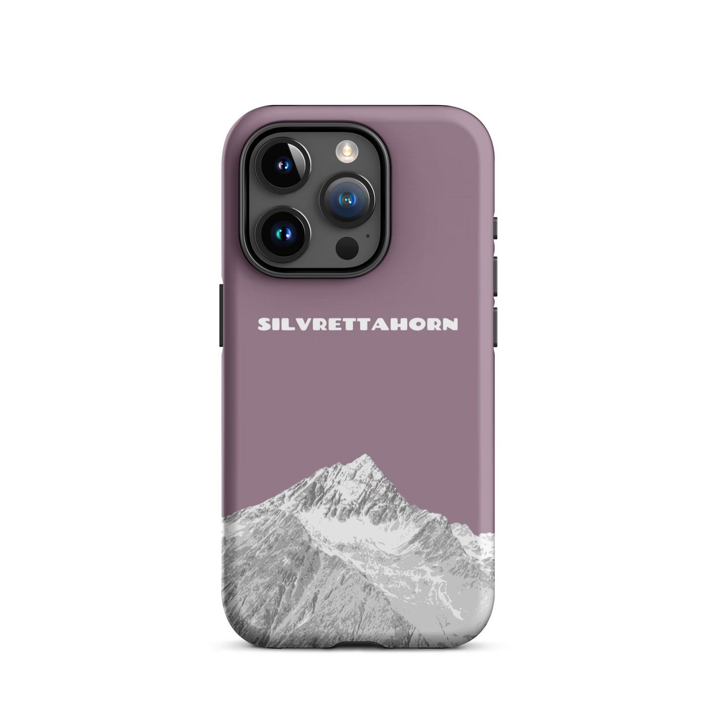 Hülle für das iPhone 15 Pro von Apple in der Farbe Pastellviolett, dass das Silvrettahorn auf der Grenze Graubündens zu Vorarlberg zeigt.