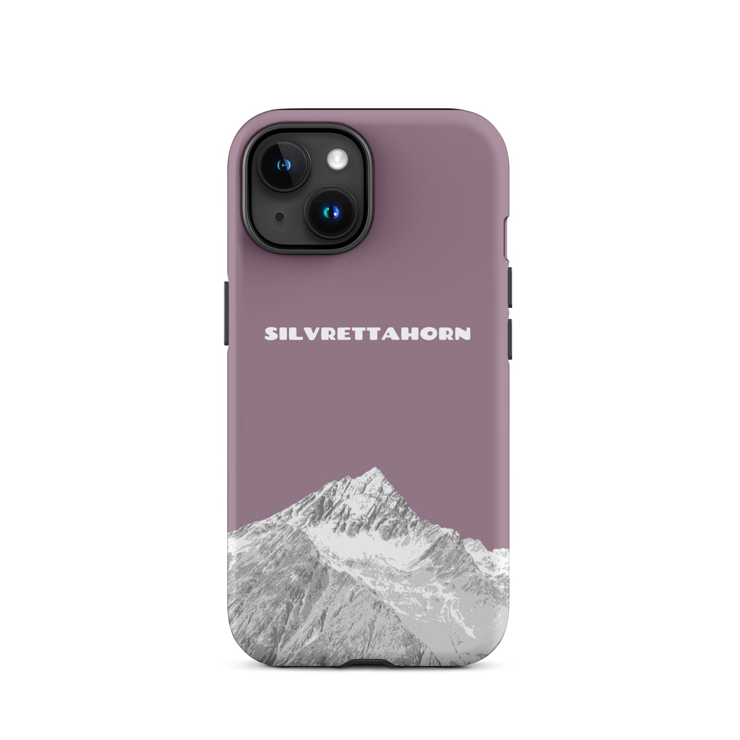 Hülle für das iPhone 15 von Apple in der Farbe Pastellviolett, dass das Silvrettahorn auf der Grenze Graubündens zu Vorarlberg zeigt.