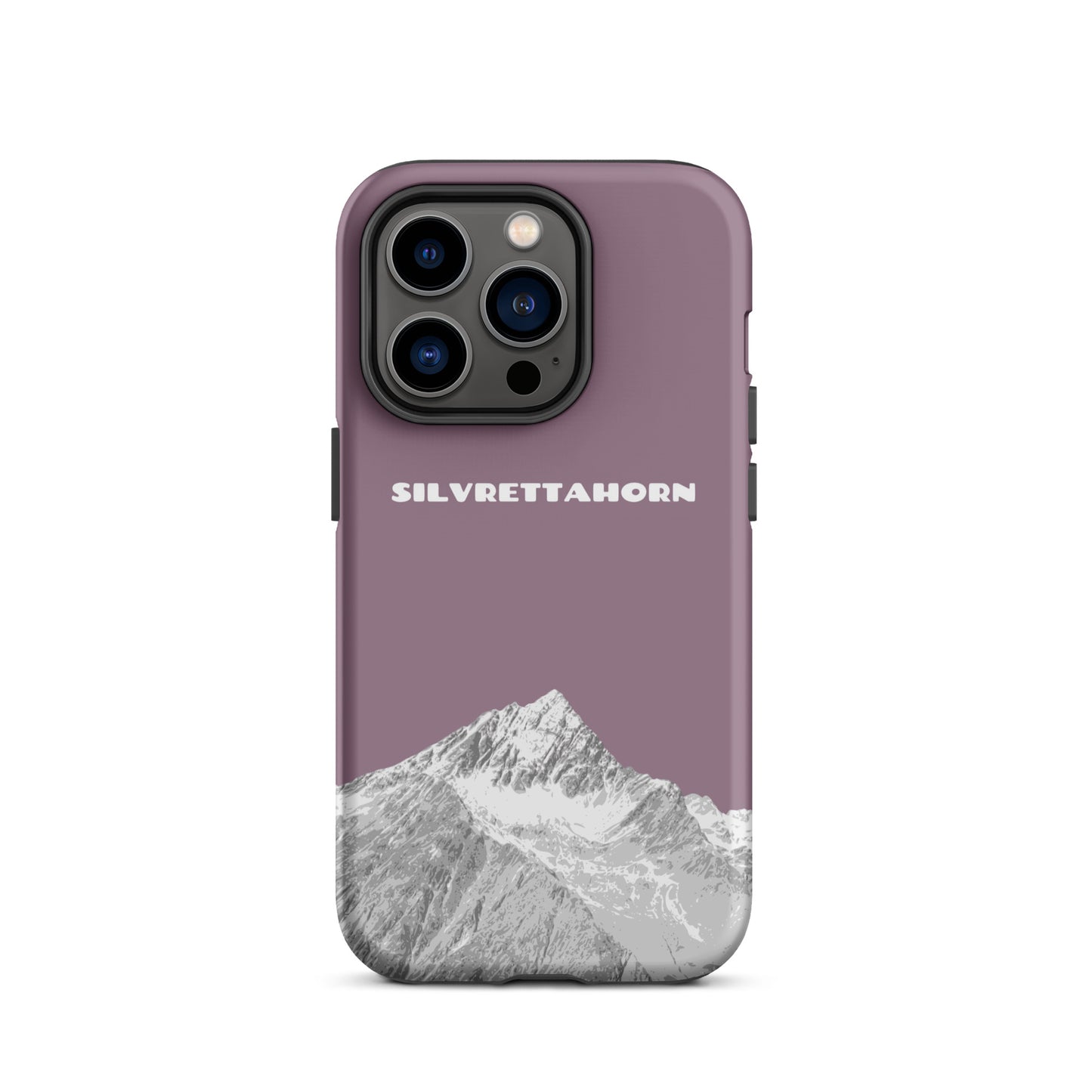 Hülle für das iPhone 14 Pro von Apple in der Farbe Pastellviolett, dass das Silvrettahorn auf der Grenze Graubündens zu Vorarlberg zeigt.