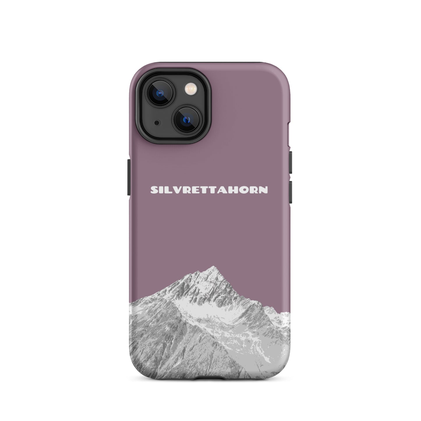 Hülle für das iPhone 14 von Apple in der Farbe Pastellviolett, dass das Silvrettahorn auf der Grenze Graubündens zu Vorarlberg zeigt.