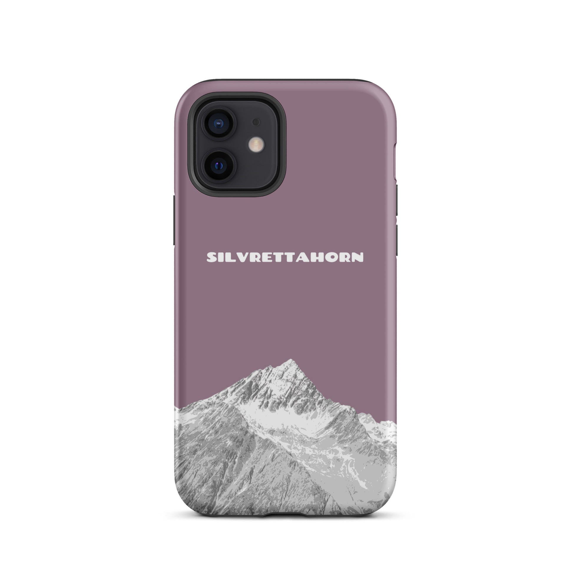 Hülle für das iPhone 12 von Apple in der Farbe Pastellviolett, dass das Silvrettahorn auf der Grenze Graubündens zu Vorarlberg zeigt.