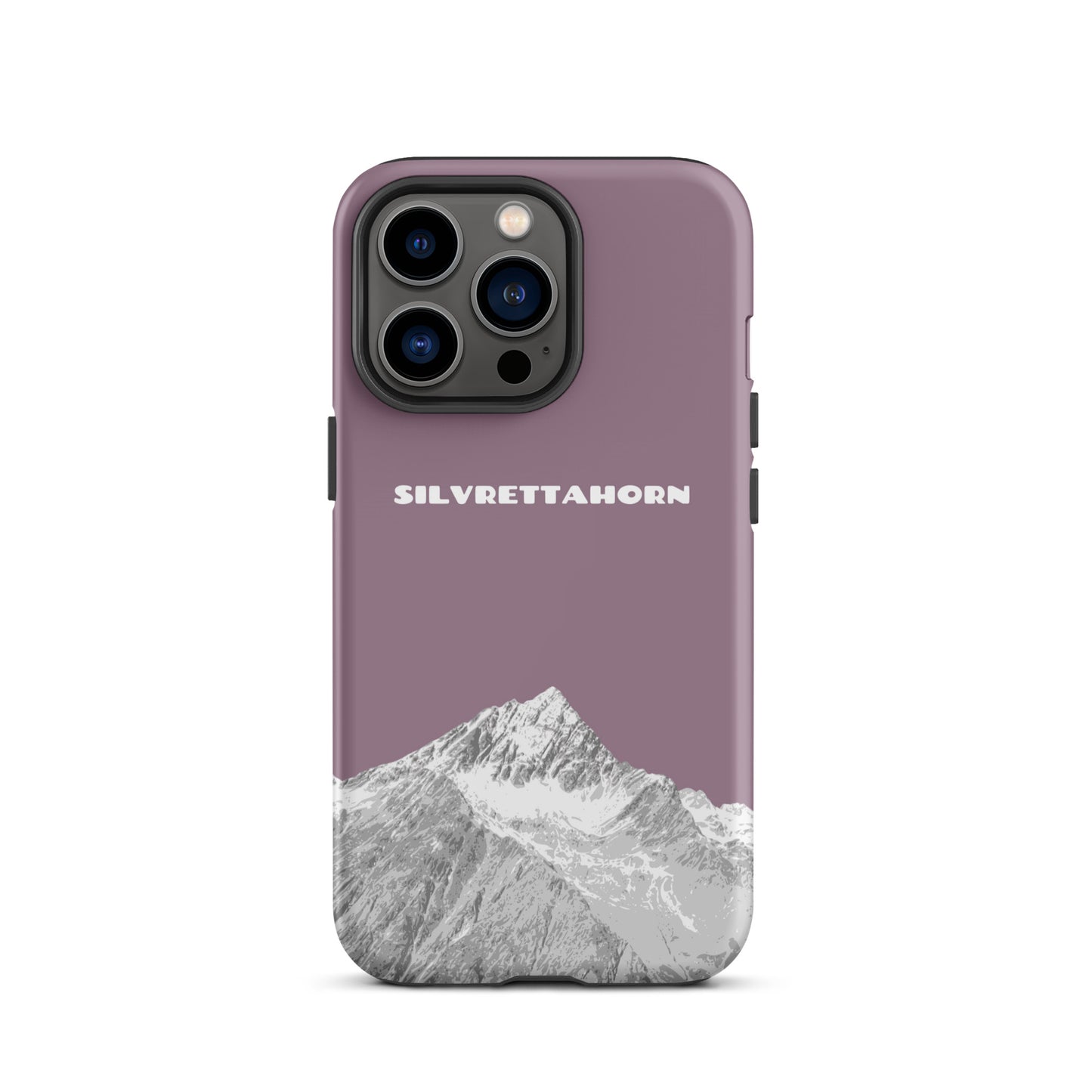 Hülle für das iPhone 13 Pro von Apple in der Farbe Pastellviolett, dass das Silvrettahorn auf der Grenze Graubündens zu Vorarlberg zeigt.