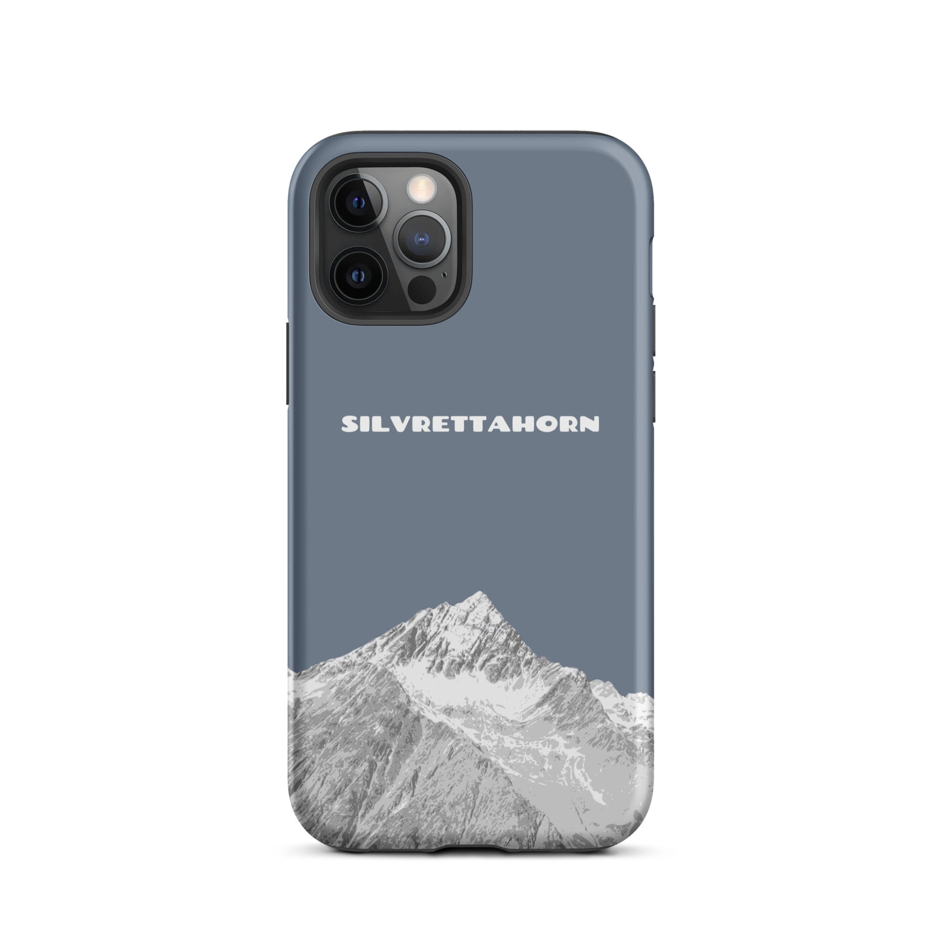 Hülle für das iPhone 12 Pro von Apple in der Farbe Schiefergrau, dass das Silvrettahorn auf der Grenze Graubündens zu Vorarlberg zeigt.