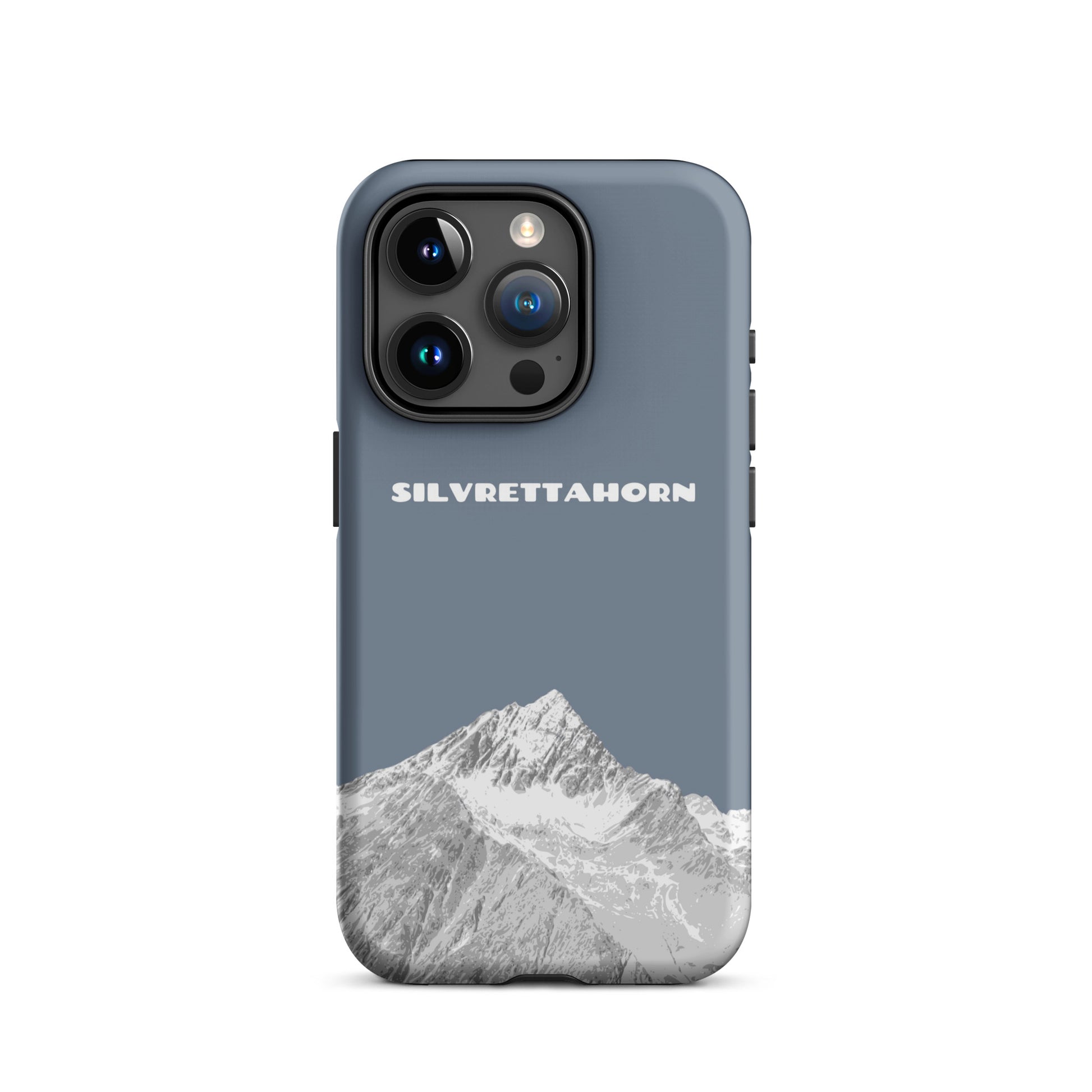 Hülle für das iPhone 15 Pro von Apple in der Farbe Schiefergrau, dass das Silvrettahorn auf der Grenze Graubündens zu Vorarlberg zeigt.