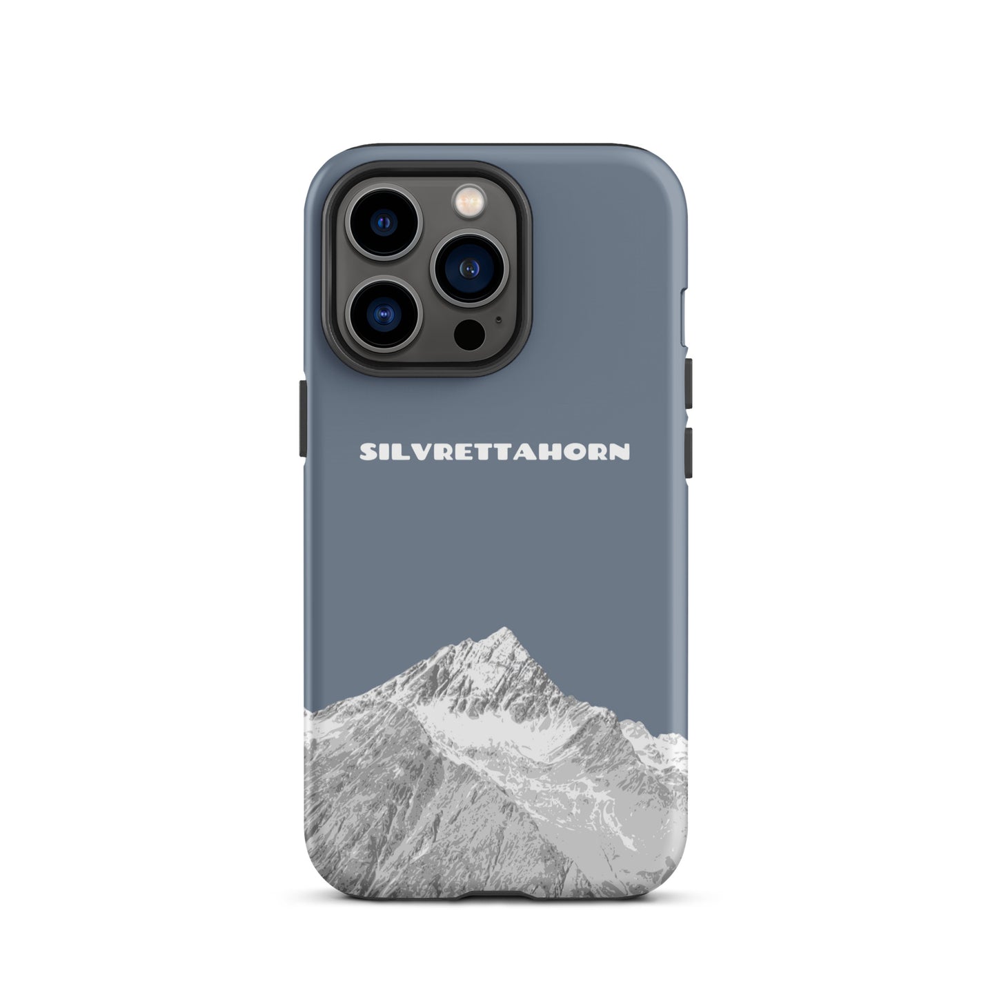 Hülle für das iPhone 13 Pro von Apple in der Farbe Schiefergrau, dass das Silvrettahorn auf der Grenze Graubündens zu Vorarlberg zeigt.