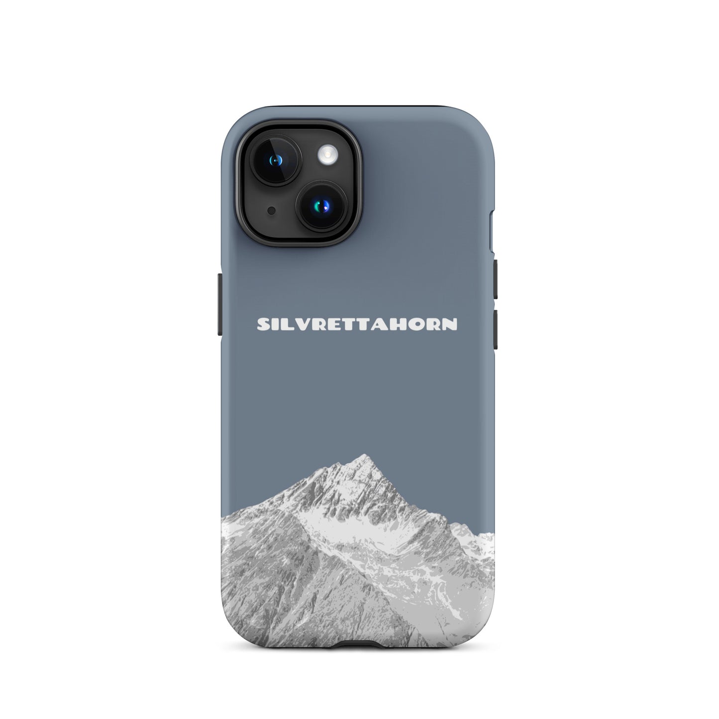 Hülle für das iPhone 15 von Apple in der Farbe Schiefergrau, dass das Silvrettahorn auf der Grenze Graubündens zu Vorarlberg zeigt.