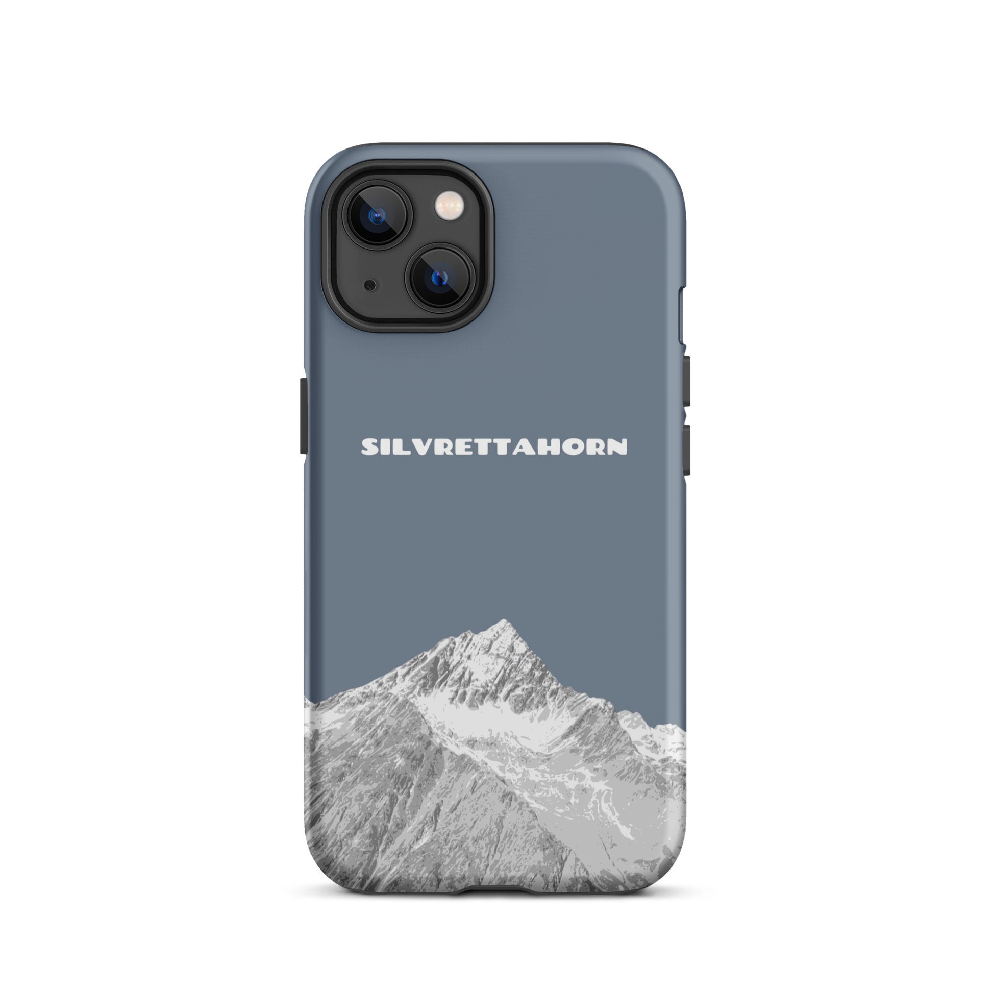 Hülle für das iPhone 13 von Apple in der Farbe Schiefergrau, dass das Silvrettahorn auf der Grenze Graubündens zu Vorarlberg zeigt.