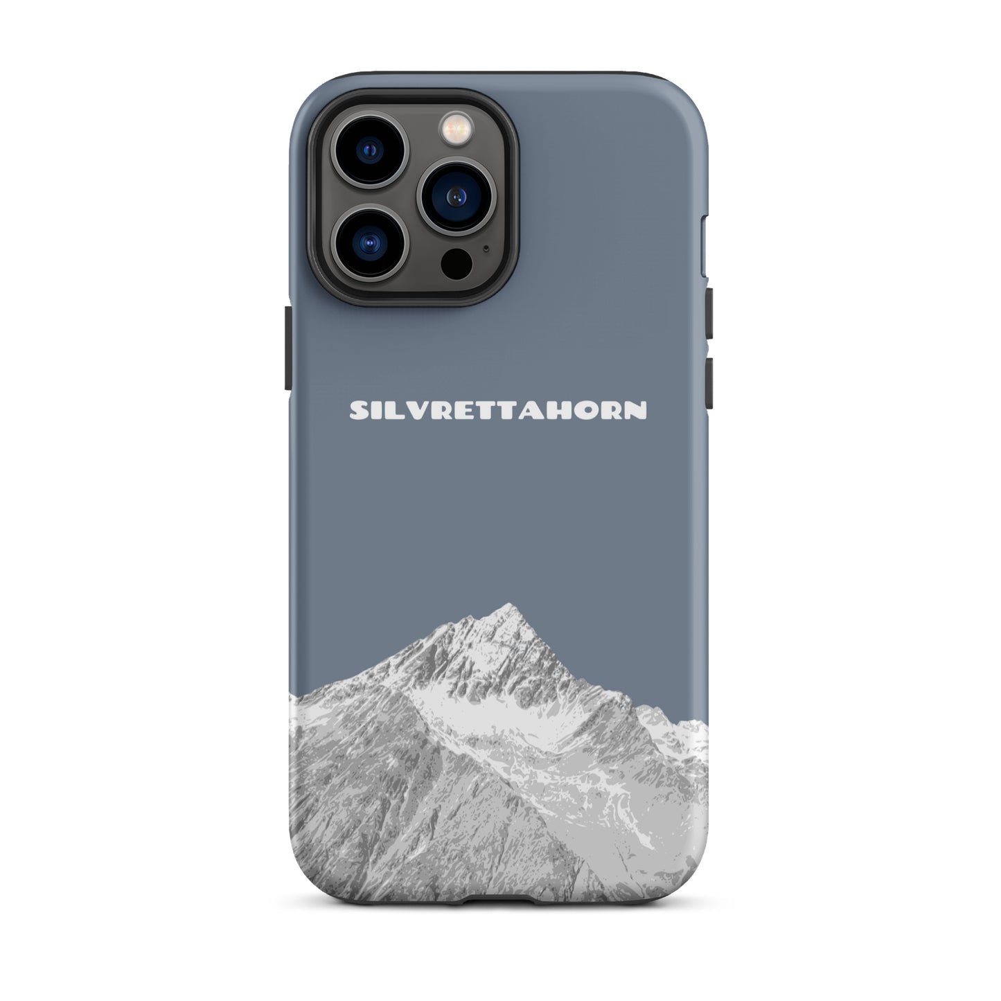 Hülle für das iPhone 13 Pro Max von Apple in der Farbe Schiefergrau, dass das Silvrettahorn auf der Grenze Graubündens zu Vorarlberg zeigt.