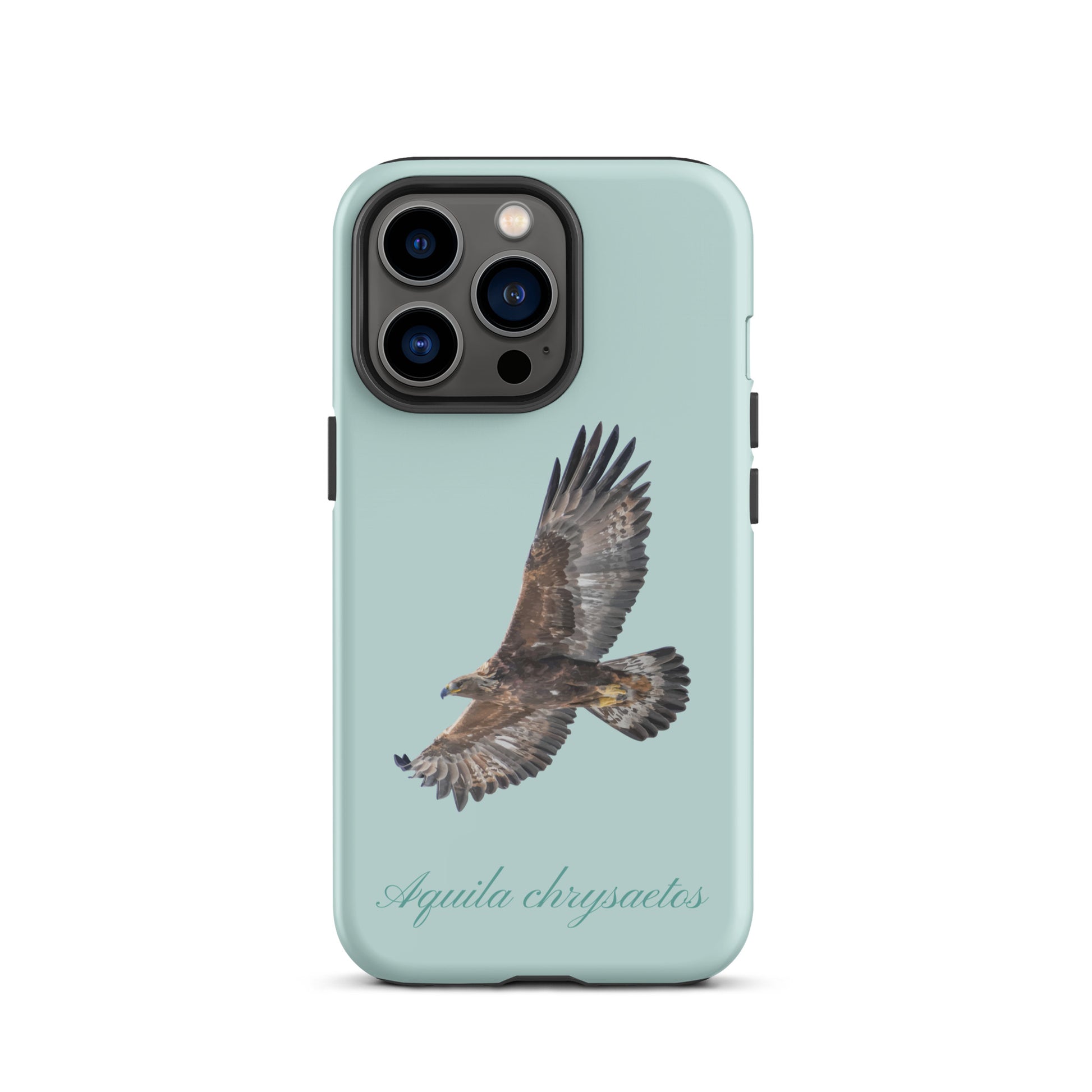 Hellblaue iPhone Hülle mit Steinadler-Motiv aus robustem Kunststoff, Seitenansicht.