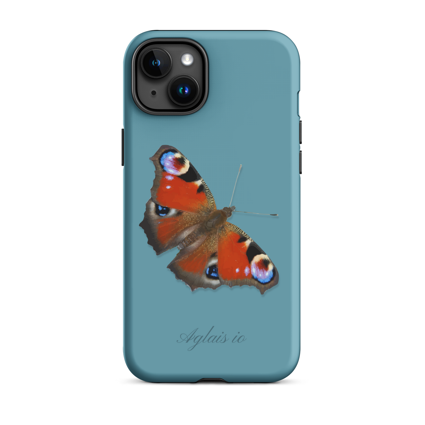 iPhone Hülle mit Tagpfauenauge-Muster in Gletscherwasserblau, schützende Silikonhülle