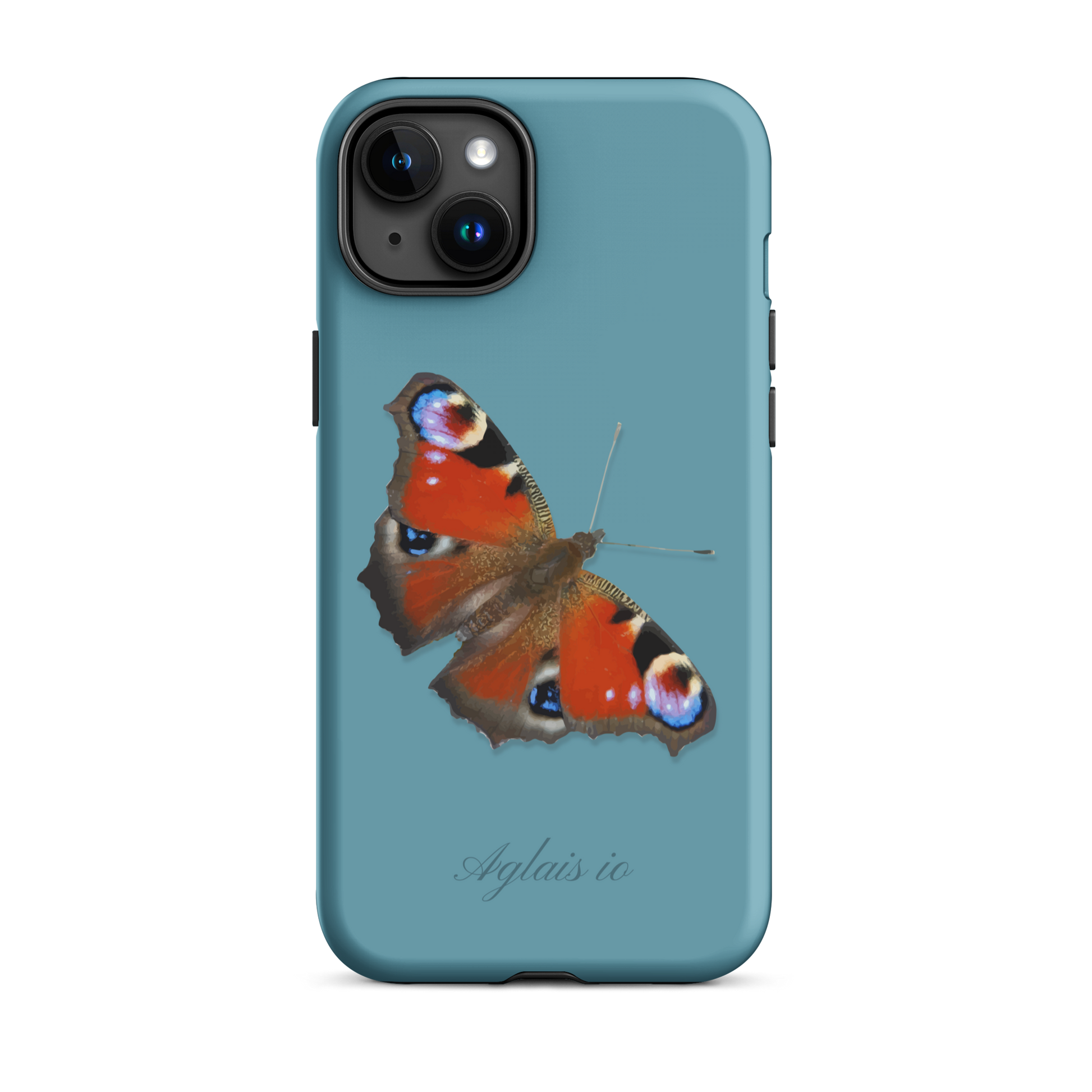 iPhone Hülle mit Tagpfauenauge-Muster in Gletscherwasserblau, schützende Silikonhülle