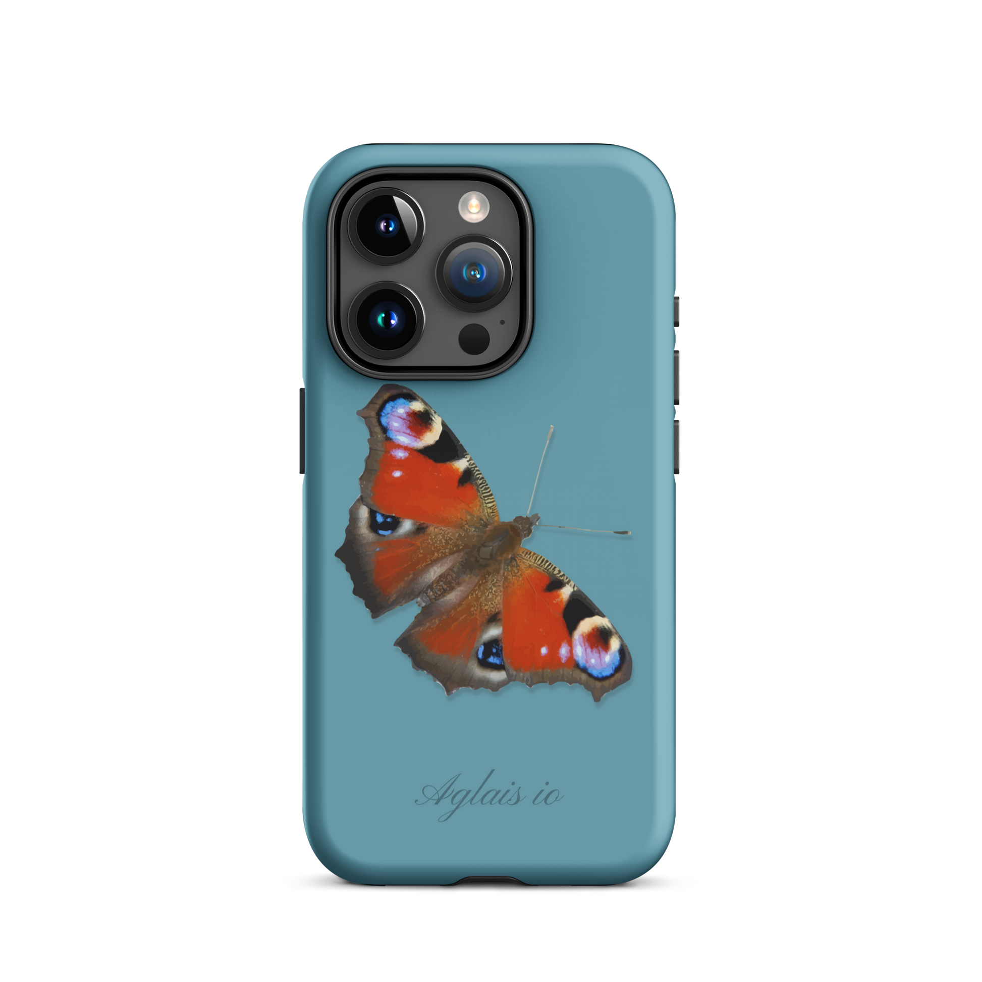 iPhone Case mit Tagpfauenauge-Muster in Gletscherwasserblau, schützende Handyhülle mit Naturdesign.