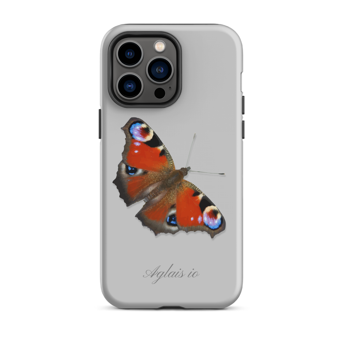 Graue iPhone Hülle mit Tagpfauenauge-Muster, schützende Handyhülle mit Naturmotiv.