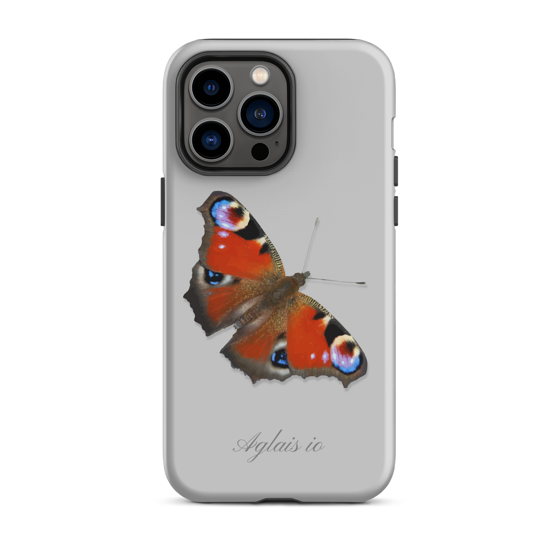Graue iPhone Hülle mit Tagpfauenauge-Muster, schützende Handyhülle mit Naturmotiv.