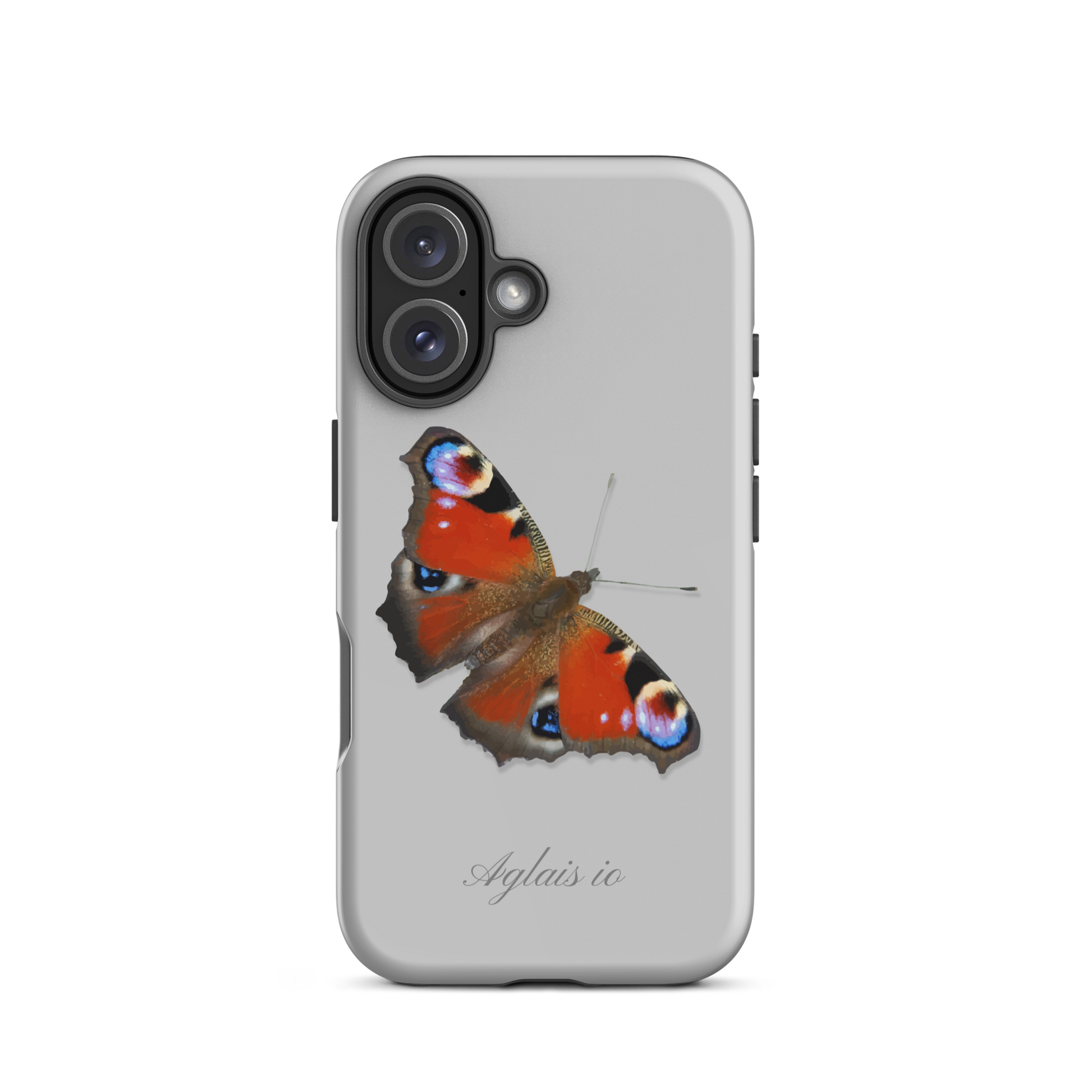 Graue iPhone-Hülle mit Tagpfauenauge-Muster, schützende Silikonhülle für iPhone, Naturdesign.