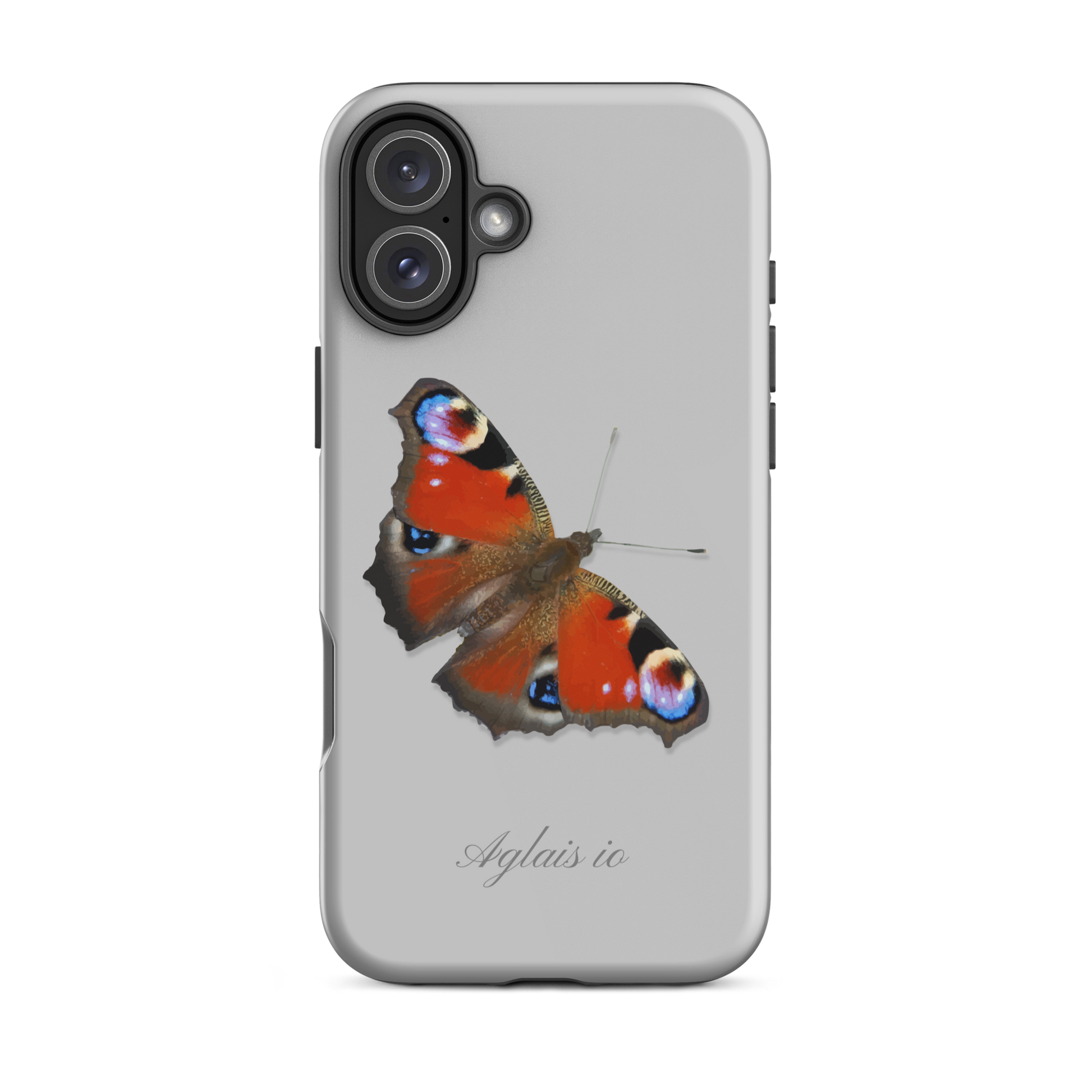 iPhone Case Tagpfauenauge in Grau mit Schmetterlingsmuster auf der Rückseite