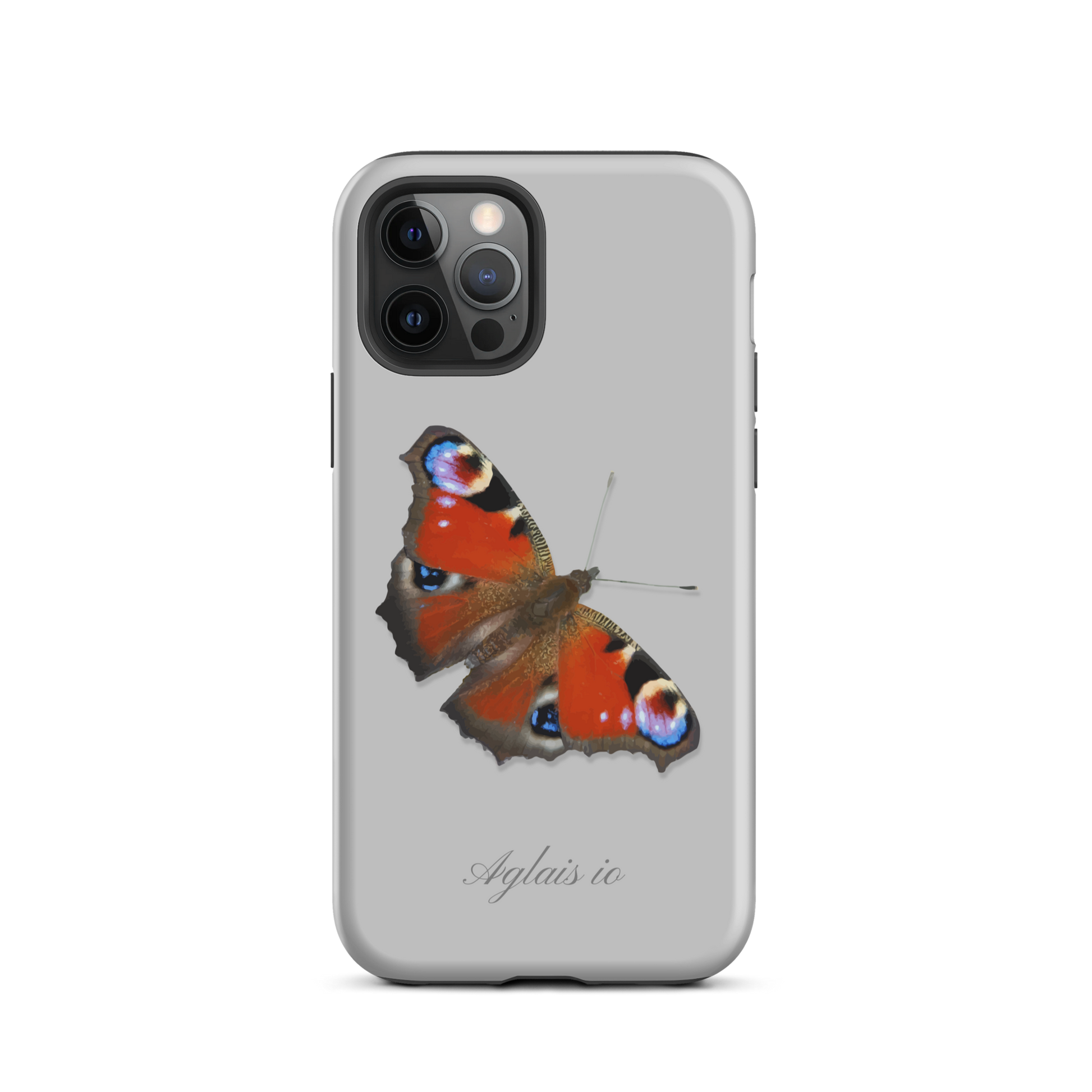Graue iPhone-Hülle mit Tagpfauenauge-Muster in Schutzhülle für iPhone 12/13