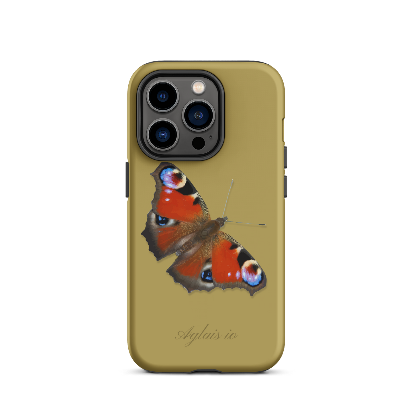 iPhone Case mit Tagpfauenauge-Muster in Ockergelb, schützende Handyhülle mit Naturdesign.