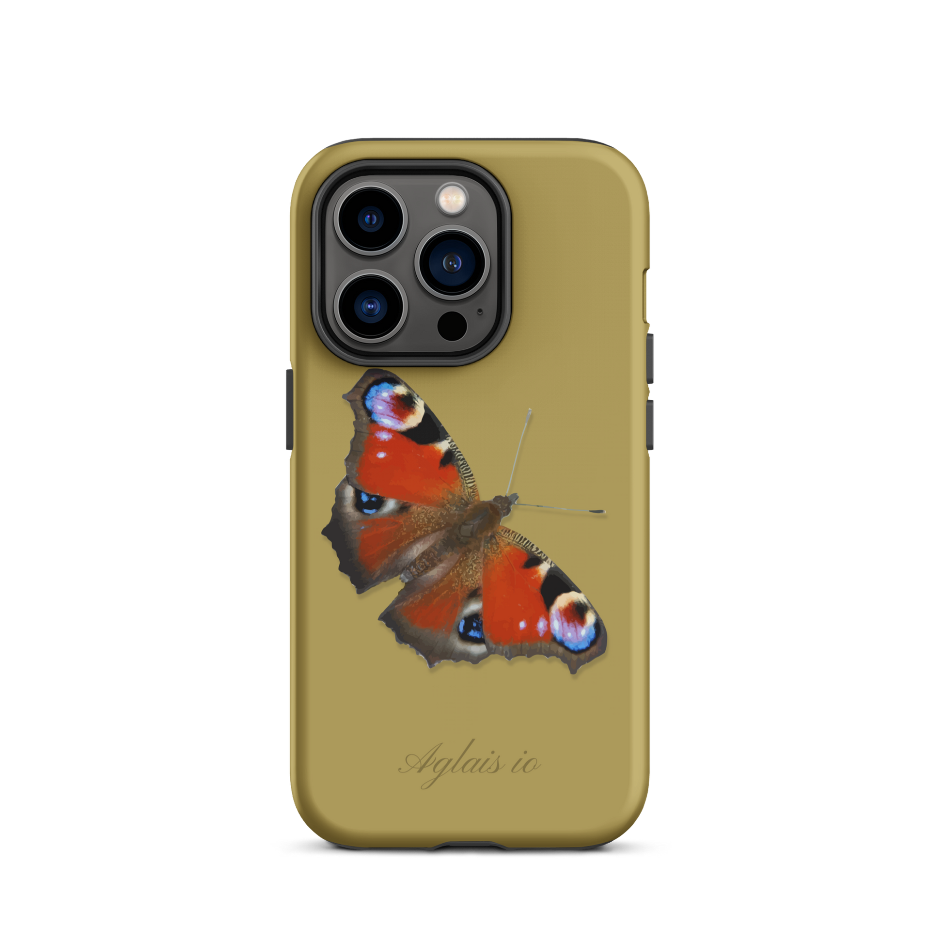 iPhone Case mit Tagpfauenauge-Muster in Ockergelb, schützende Handyhülle mit Naturdesign.
