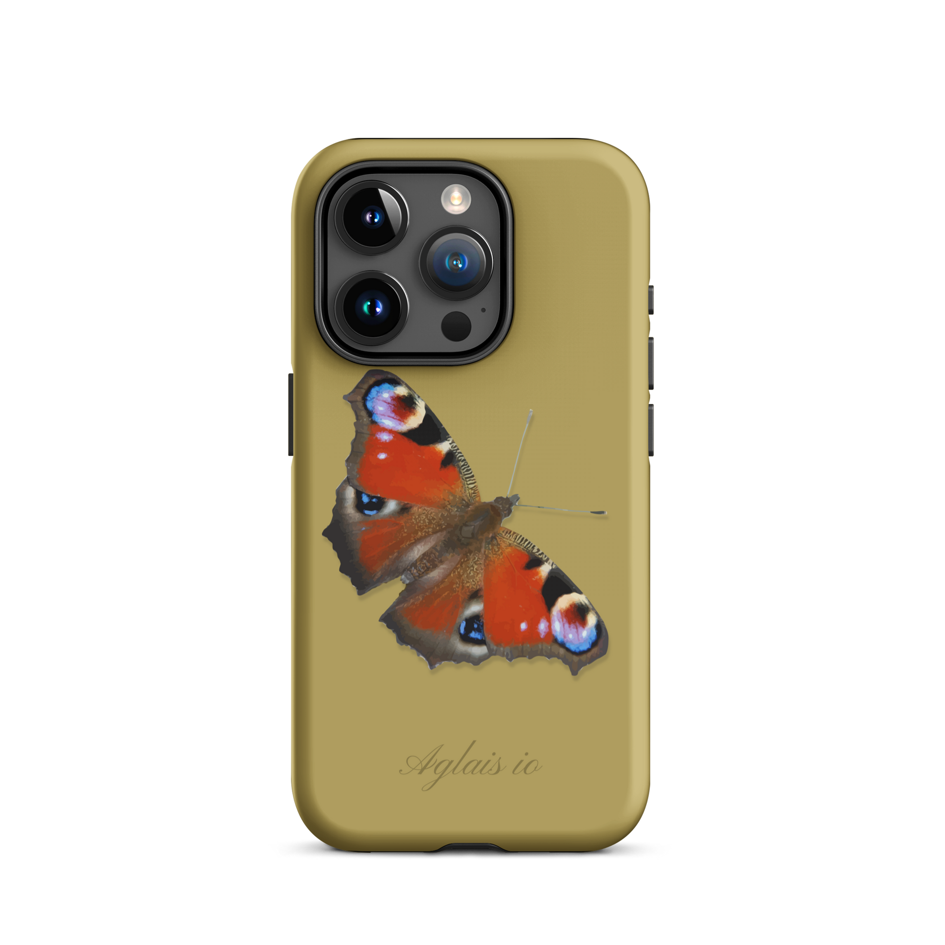 iPhone Hülle mit Tagpfauenauge-Muster in Ockergelb, Seitenansicht