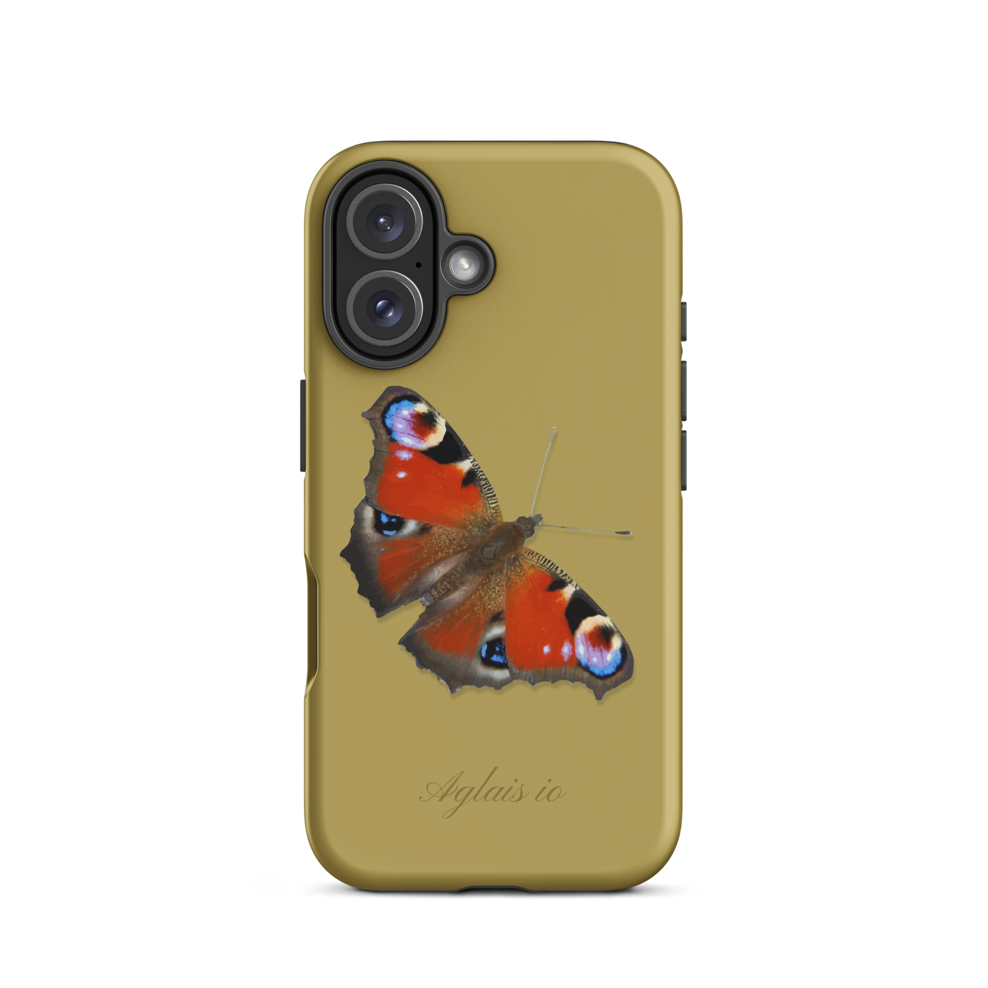 iPhone Hülle mit Tagpfauenauge-Muster in Ockergelb, schützende Handyhülle mit Naturmotiv.