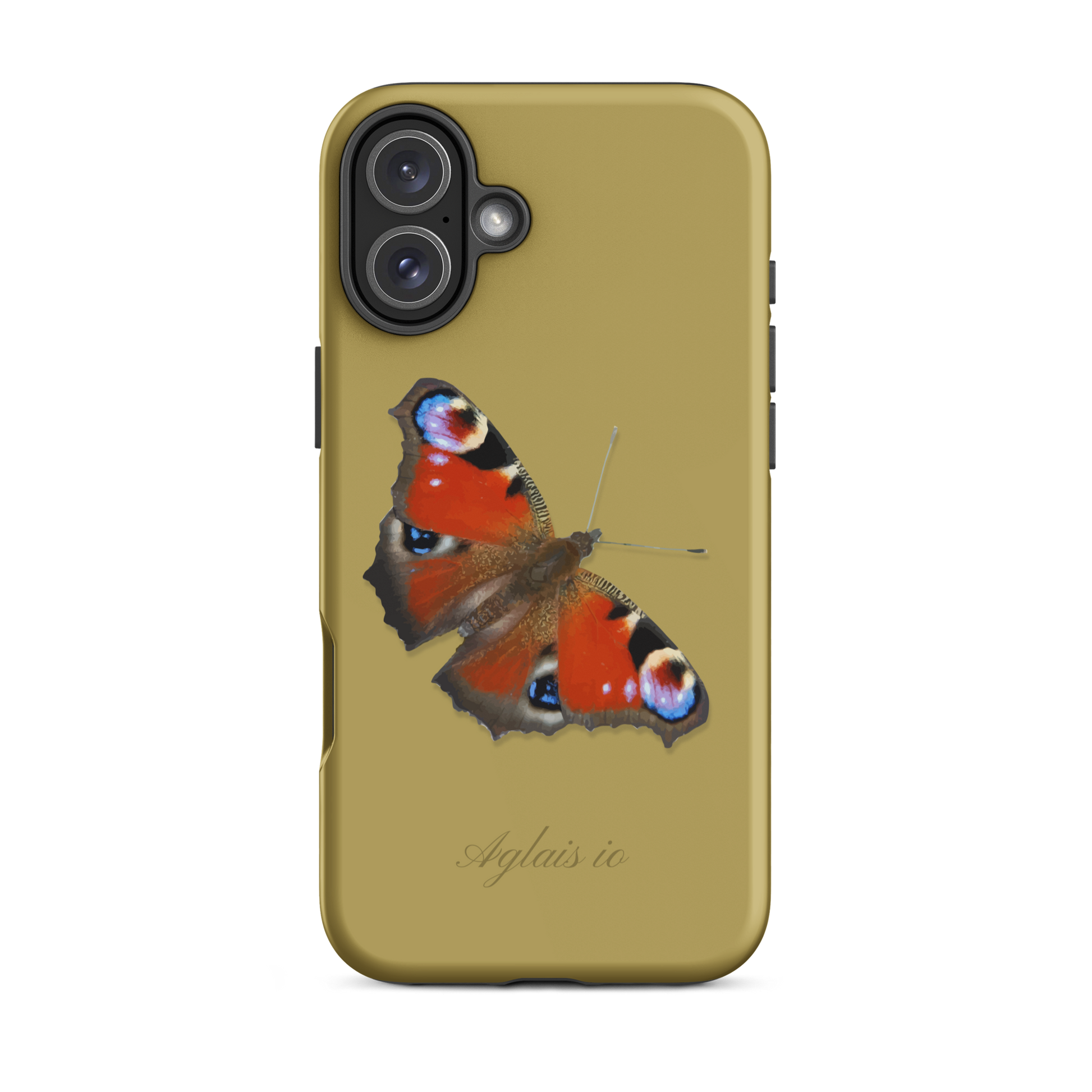 iPhone Hülle mit Tagpfauenauge-Muster in Ockergelb, schützende Handyhülle mit Naturdesign