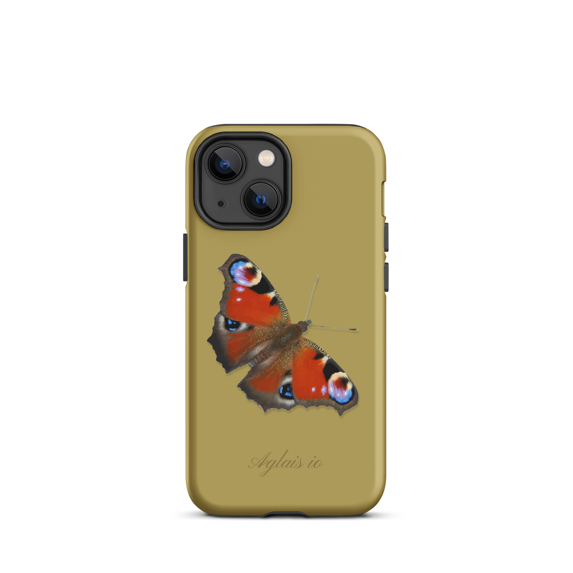 iPhone Handyhülle mit Tagpfauenauge-Design in Ockergelb, zeigt das detaillierte Muster und die Farbe der Hülle.