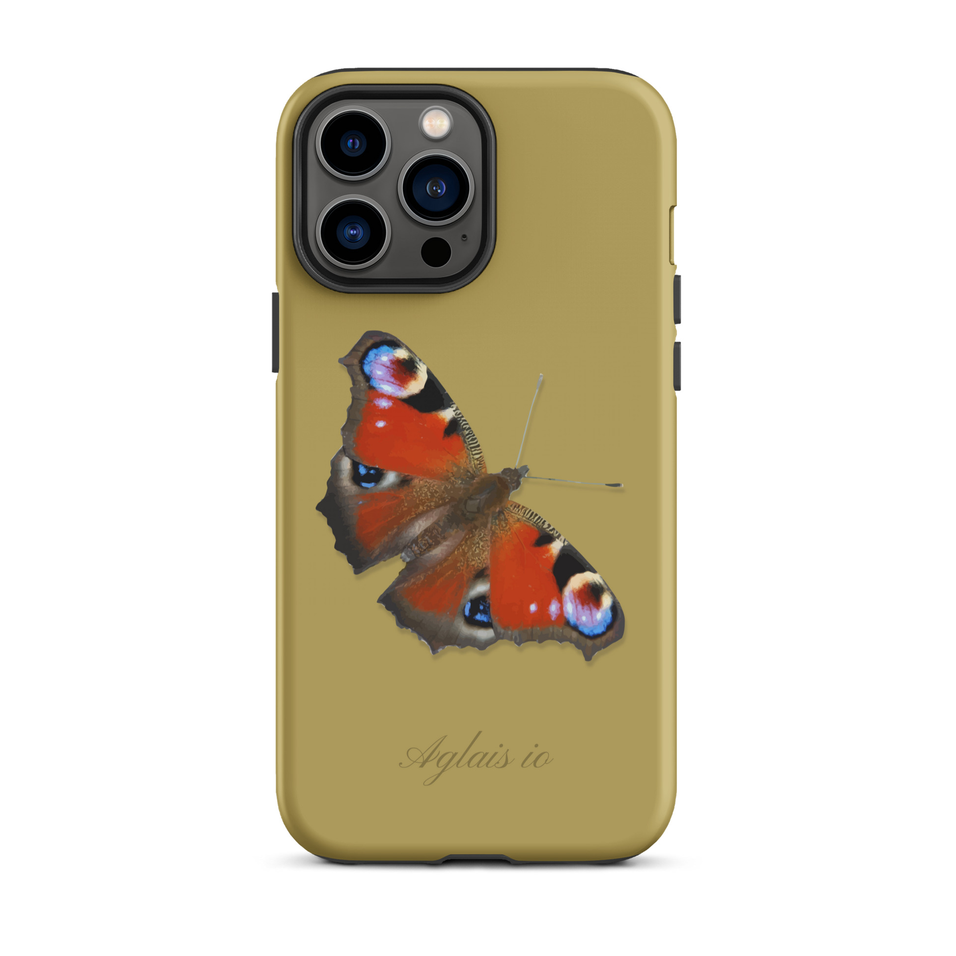 iPhone Hülle mit Tagpfauenauge-Muster in Ockergelb, seitliche Ansicht.