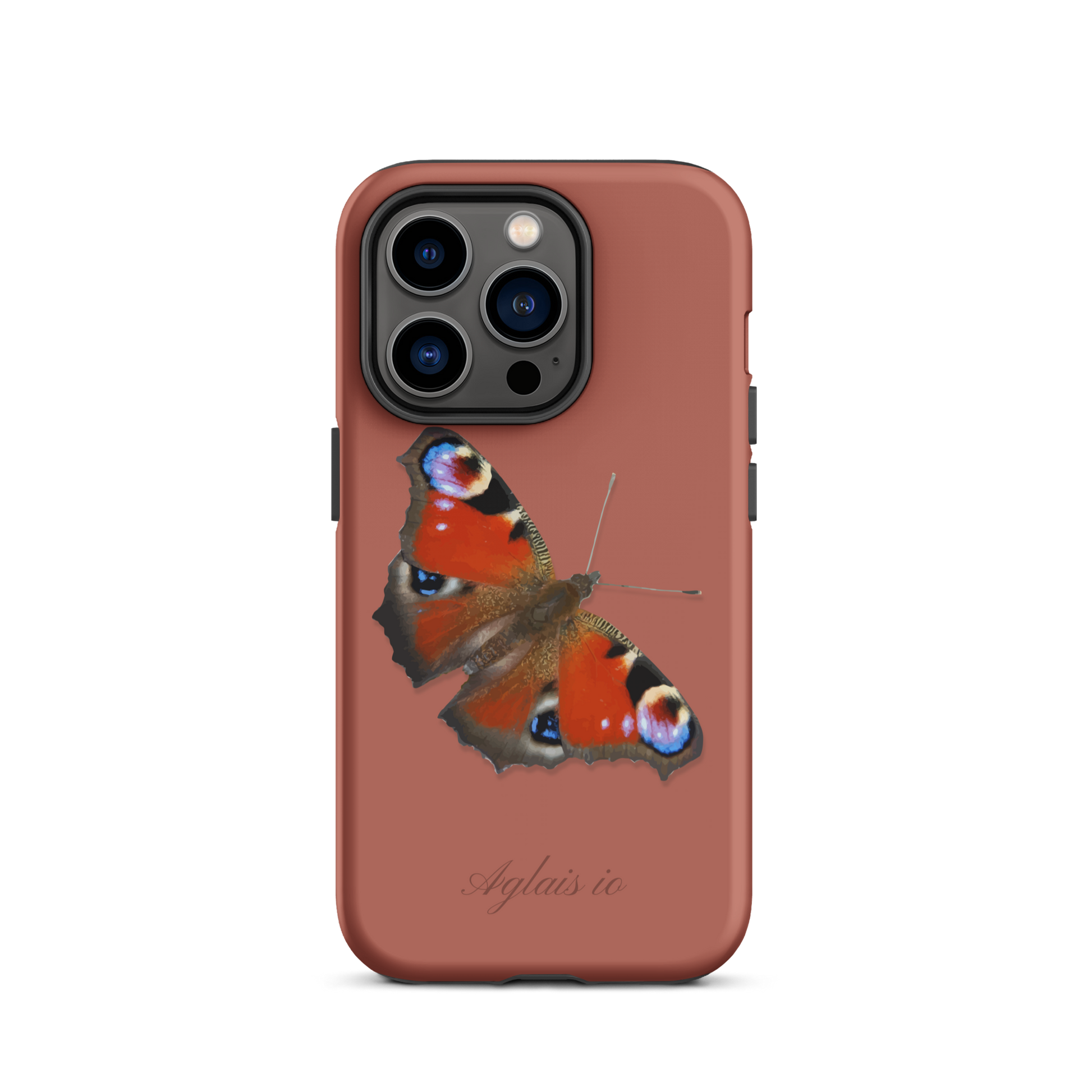 iPhone Case mit Tagpfauenauge-Motiv in Ziegelrot, Seitenansicht