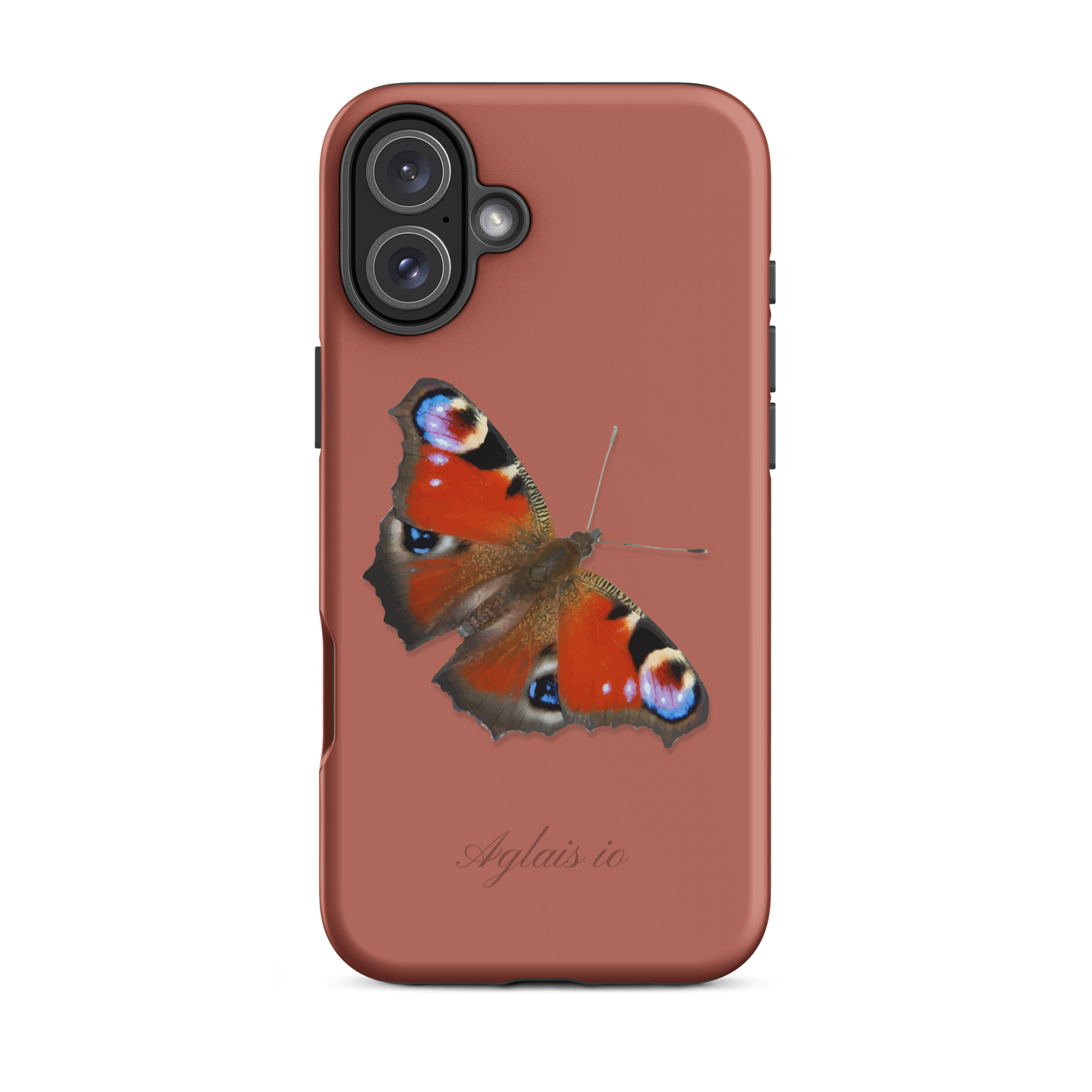 iPhone-Hülle mit Tagpfauenauge-Motiv in Ziegelrot, seitliche Ansicht