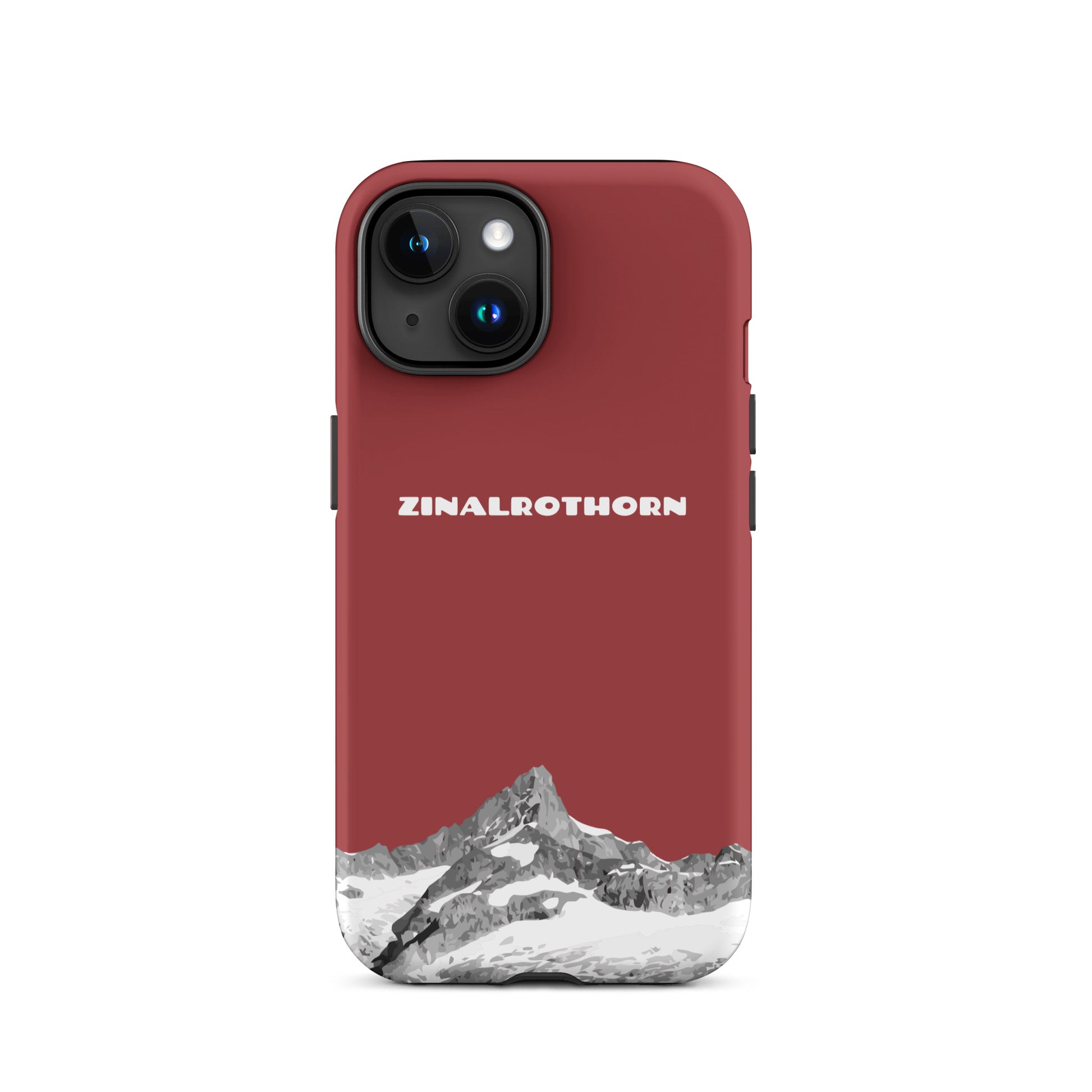 Rote iPhone 15 Hard Case mit Zinalrothorn-Bergmotiv, Schutzhülle aus hartem Material.