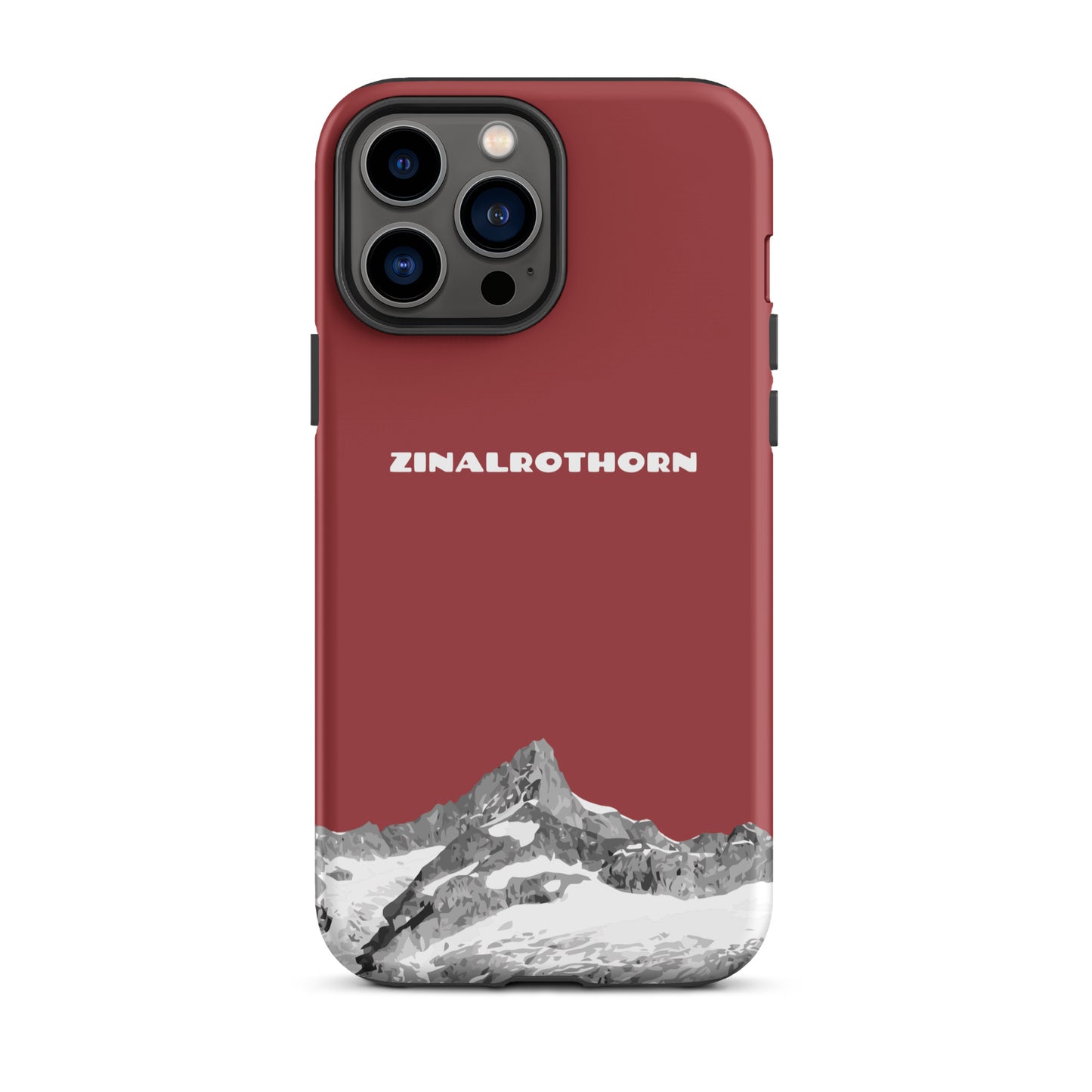 Rote iPhone 13 Pro Max Hardcase mit Zinalrothorn-Bergmotiv aus dem Wallis, Schweiz.