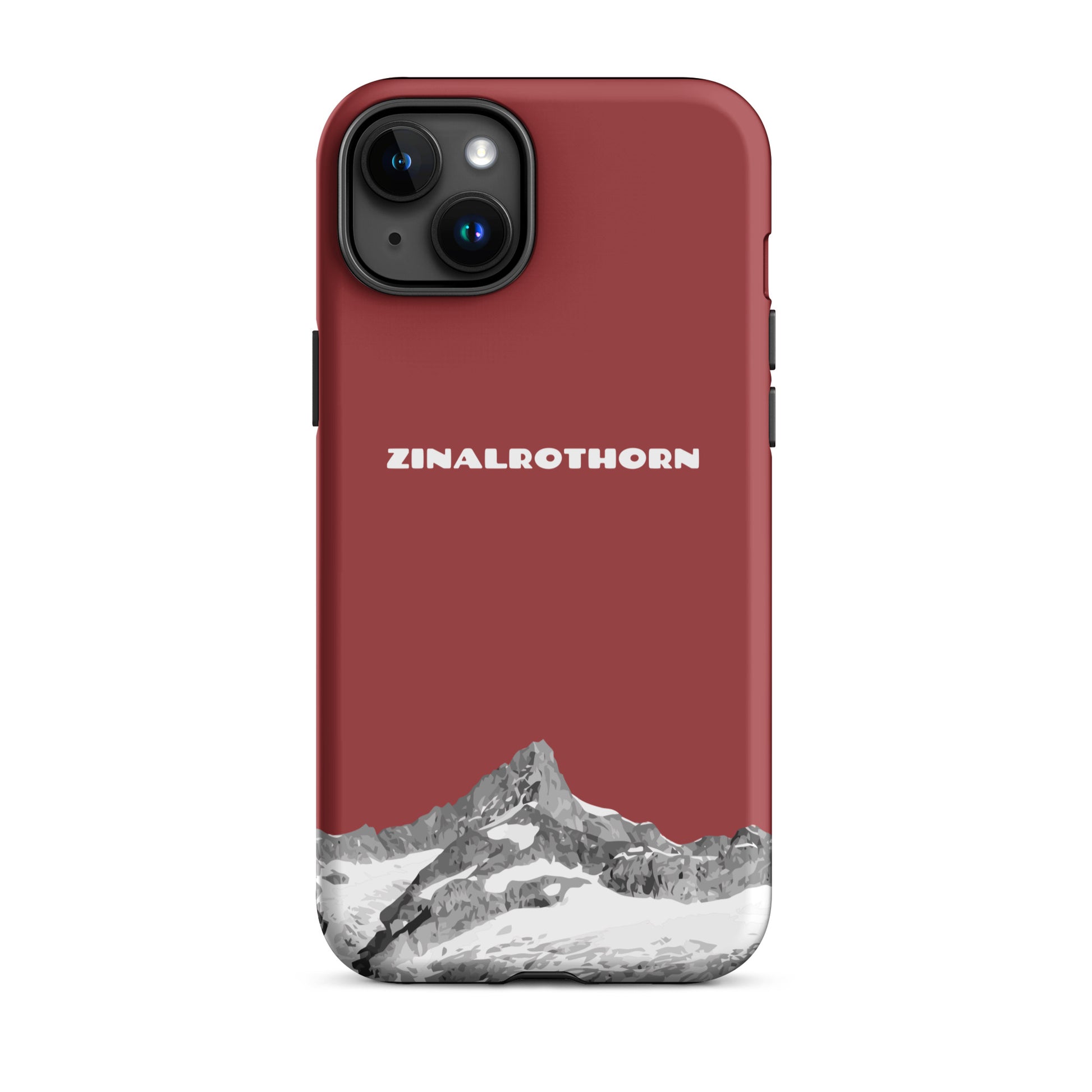 Rote iPhone 15 Plus Hard Case mit Zinalrothorn-Bergmotiv aus dem Wallis, Schweiz