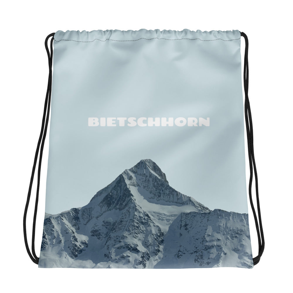 Blauer Sportbeutel mit Kordelzug und Bietschhorn-Print, ideal für Fitness und Freizeit.