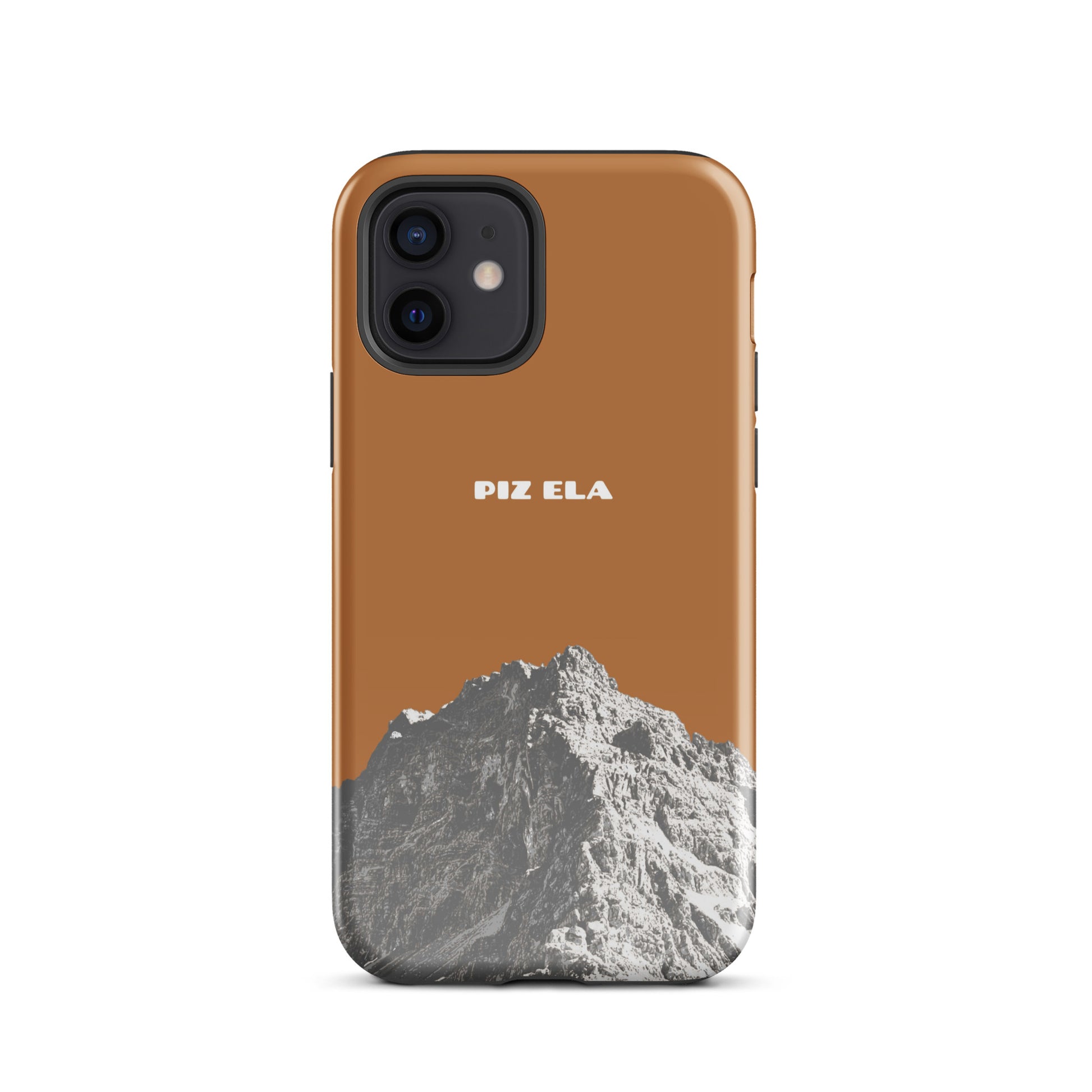 Kupferfarbene iPhone-Hülle mit glänzender Oberfläche und robustem Design, Piz Ela Motiv.