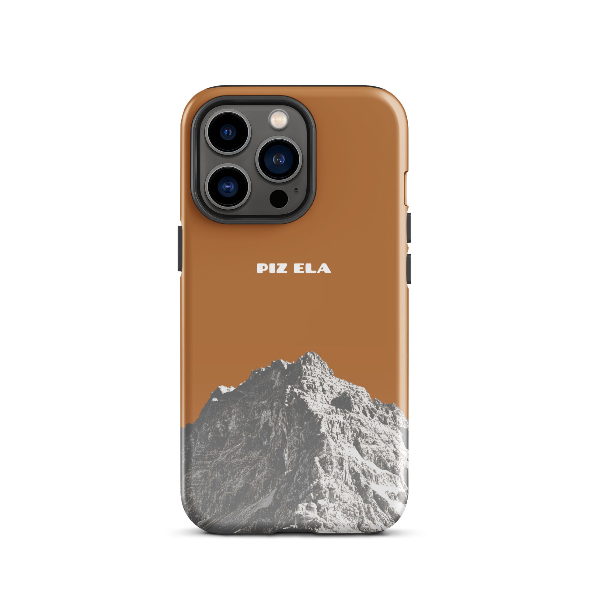 Kupferfarbene iPhone-Hülle mit Piz Ela Design, glänzende Oberfläche, robuste Schutzhülle für iPhone.