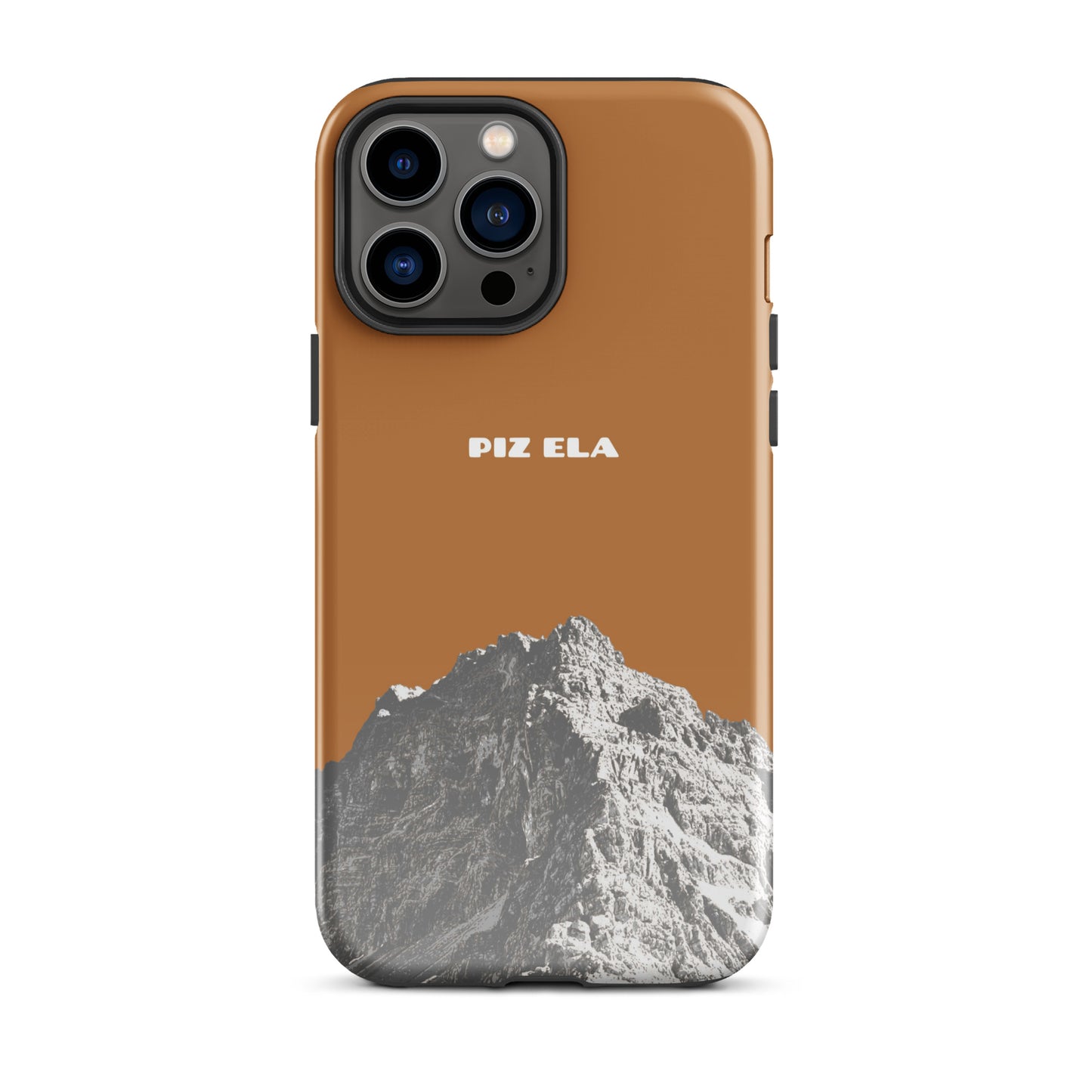 Kupferfarbenes iPhone Case Piz Ela mit glänzender Oberfläche, Vorderansicht.