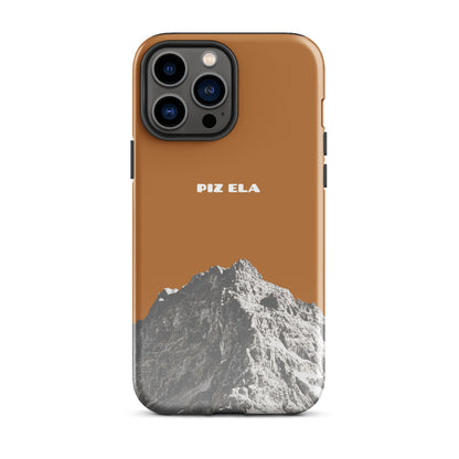 Kupferfarbenes iPhone Case Piz Ela mit glänzender Oberfläche, Vorderansicht.