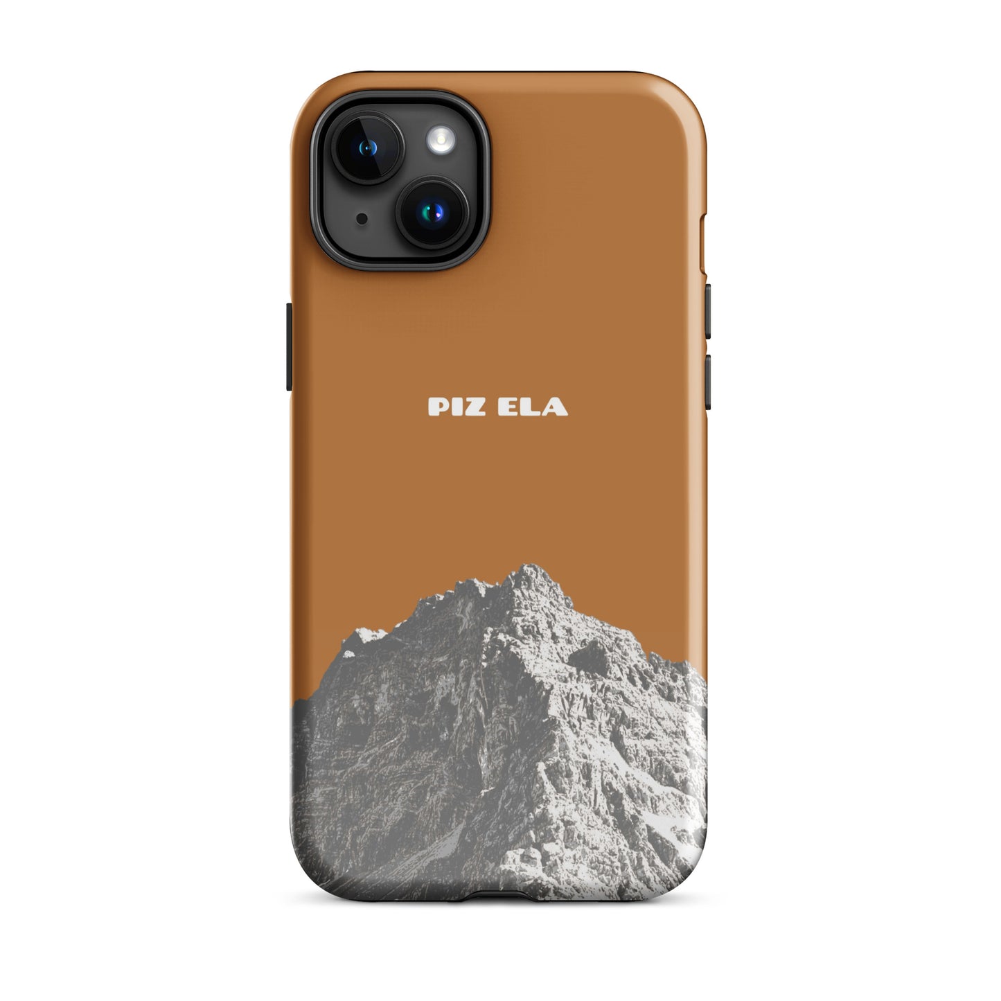 Kupferfarbene iPhone-Hülle mit Piz Ela Design, glänzende Oberfläche, robustes Gehäuse.