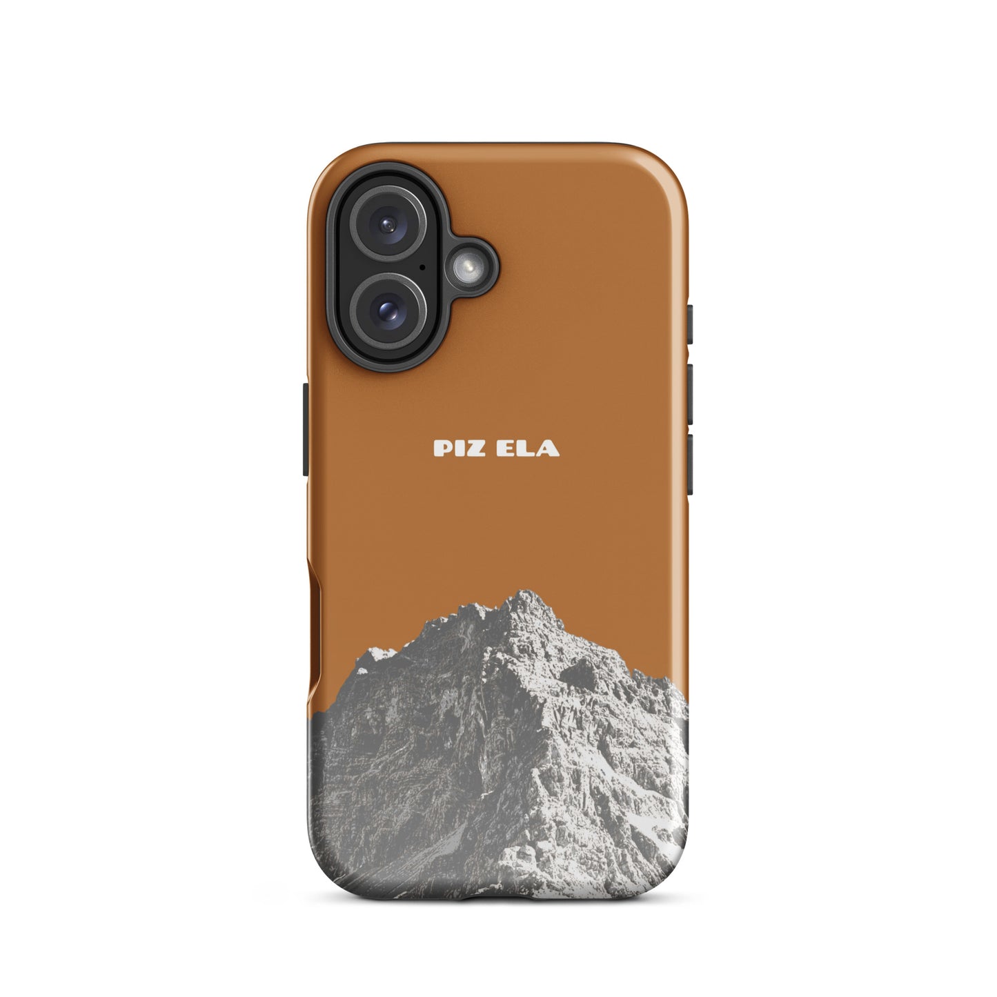 Kupferfarbene iPhone-Hülle Piz Ela mit glänzender Oberfläche, robustes Design, Vorderansicht.