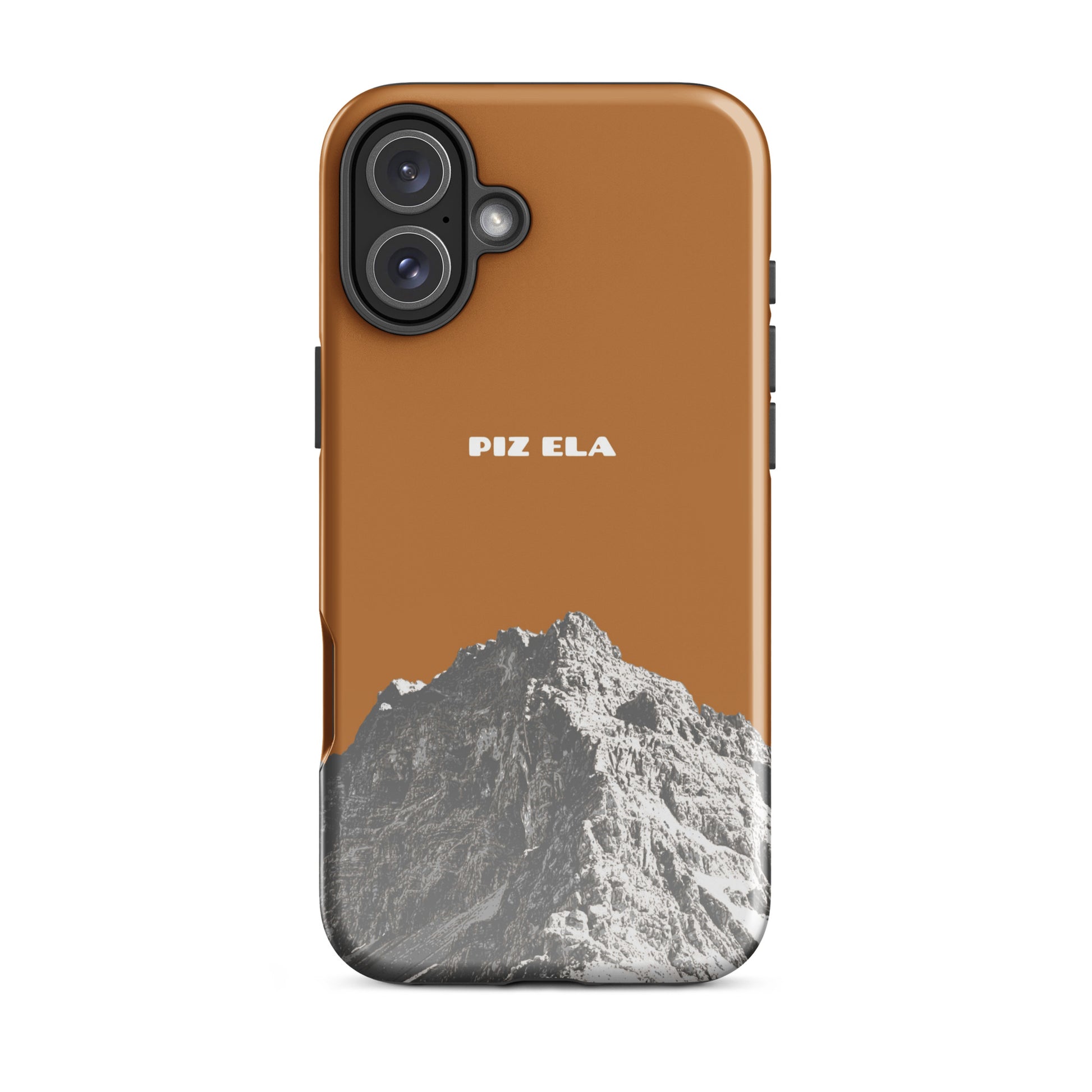 Kupferfarbene iPhone-Hülle mit Piz Ela Design, glänzende Oberfläche, robuste Handyhülle für iPhone.