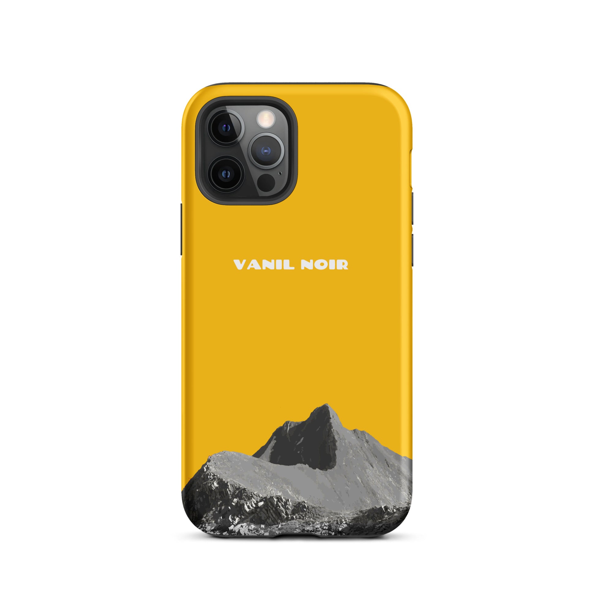 Goldgelbe iPhone 12 Pro Handyhülle aus mattem Material mit Vanil Noir Design.