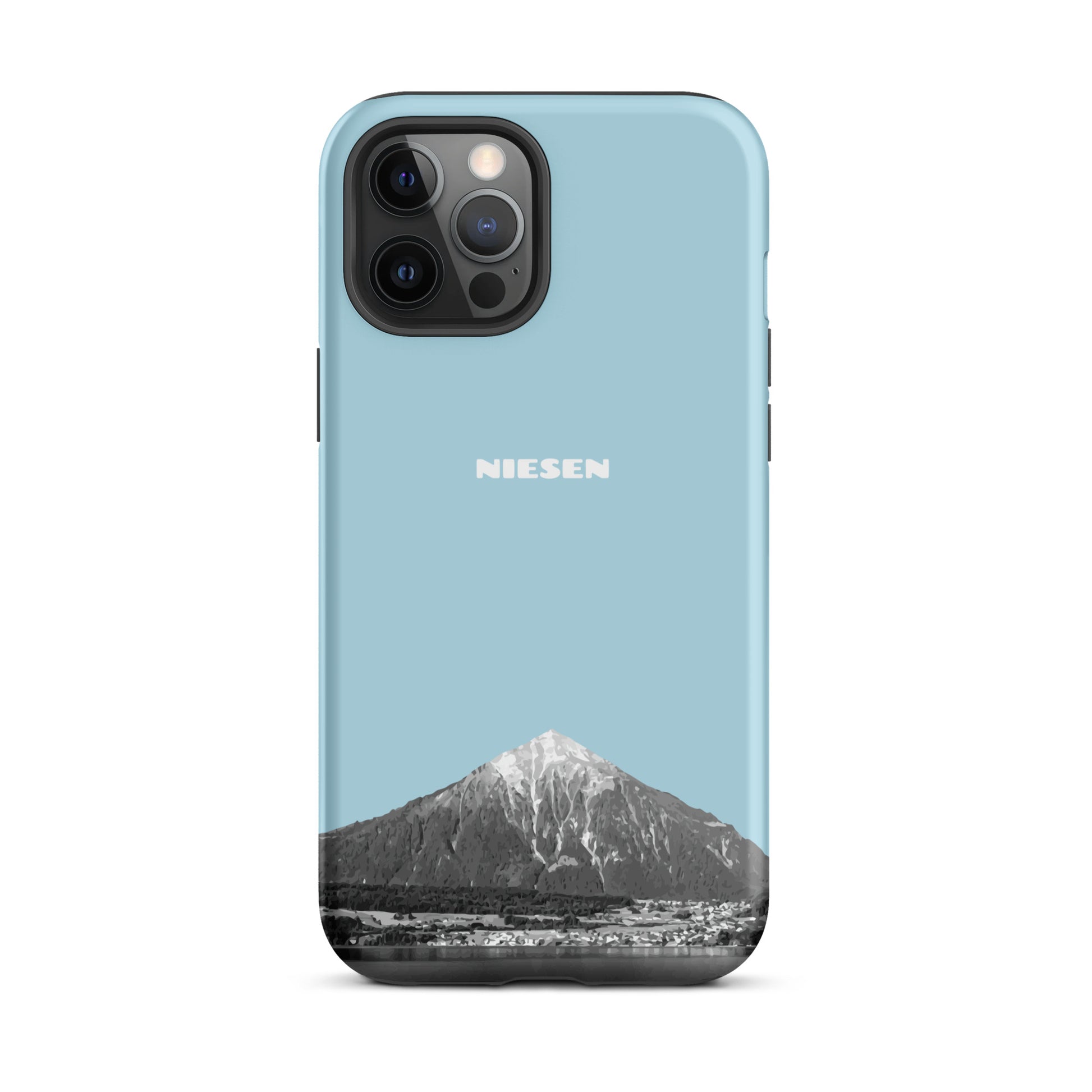 Matte Handyhülle für iPhone 12 Pro Max in Hellblau mit Niesen-Motiv aus dem Berner Oberland.