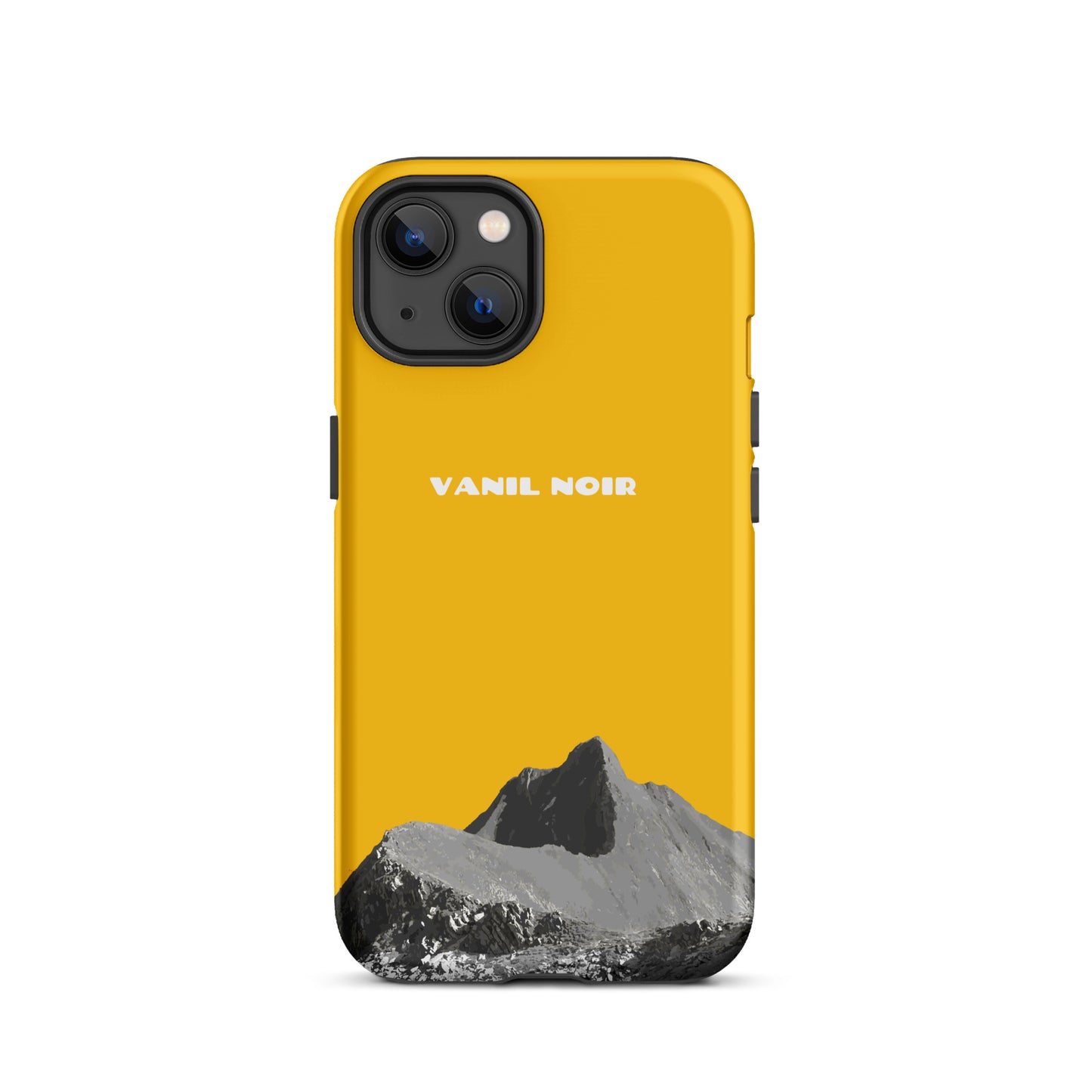 Goldgelbe iPhone 13 Hülle aus mattem Material mit Vanil Noir Logo, Vorderansicht.