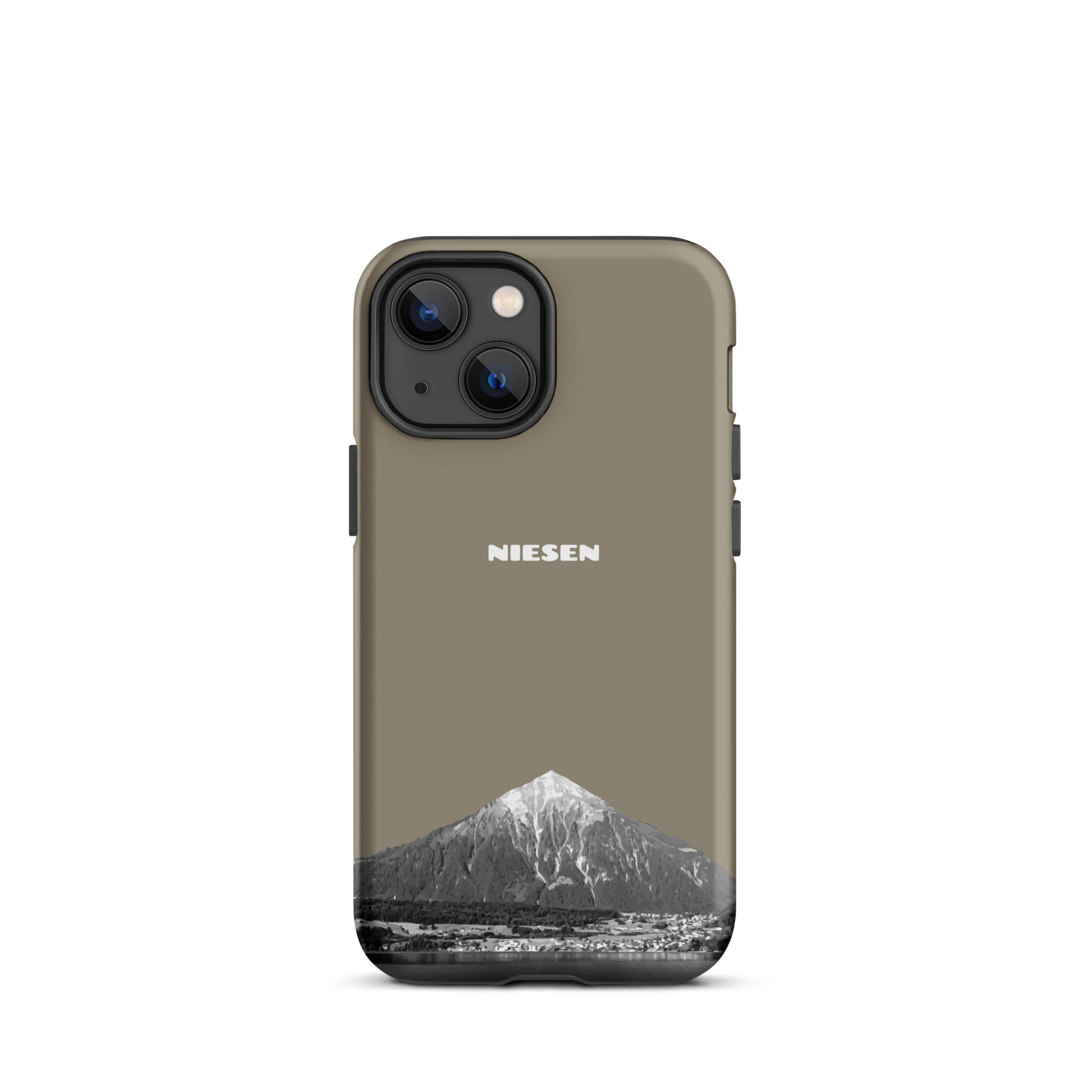 Graubraune iPhone 13 mini Handyhülle mit matte Oberfläche und Niesen-Motiv aus dem Berner Oberland.