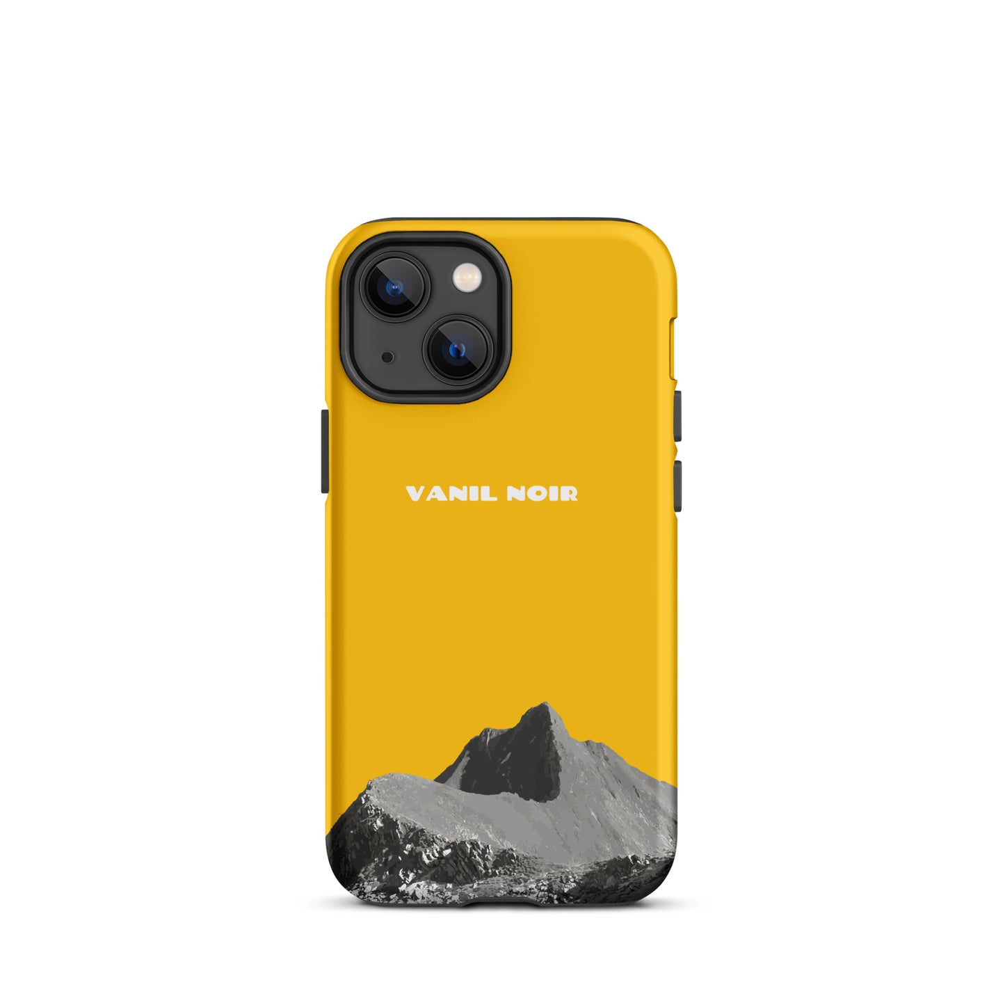Goldgelbe iPhone 13 mini Hülle mit Vanil Noir Design, matt und robust.