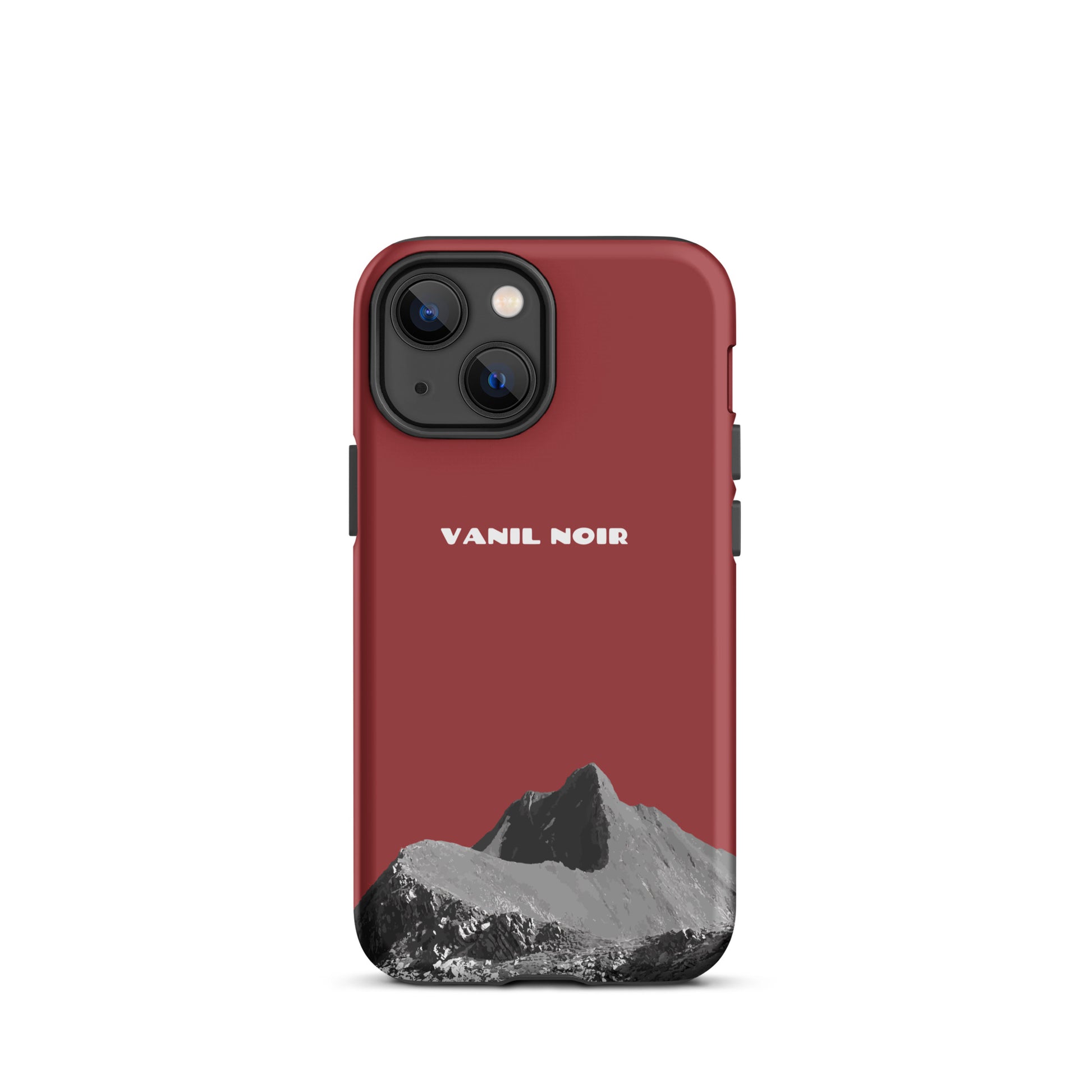 Rote iPhone 13 mini Hülle aus mattem Material mit Vanil Noir Design, Vorderansicht.
