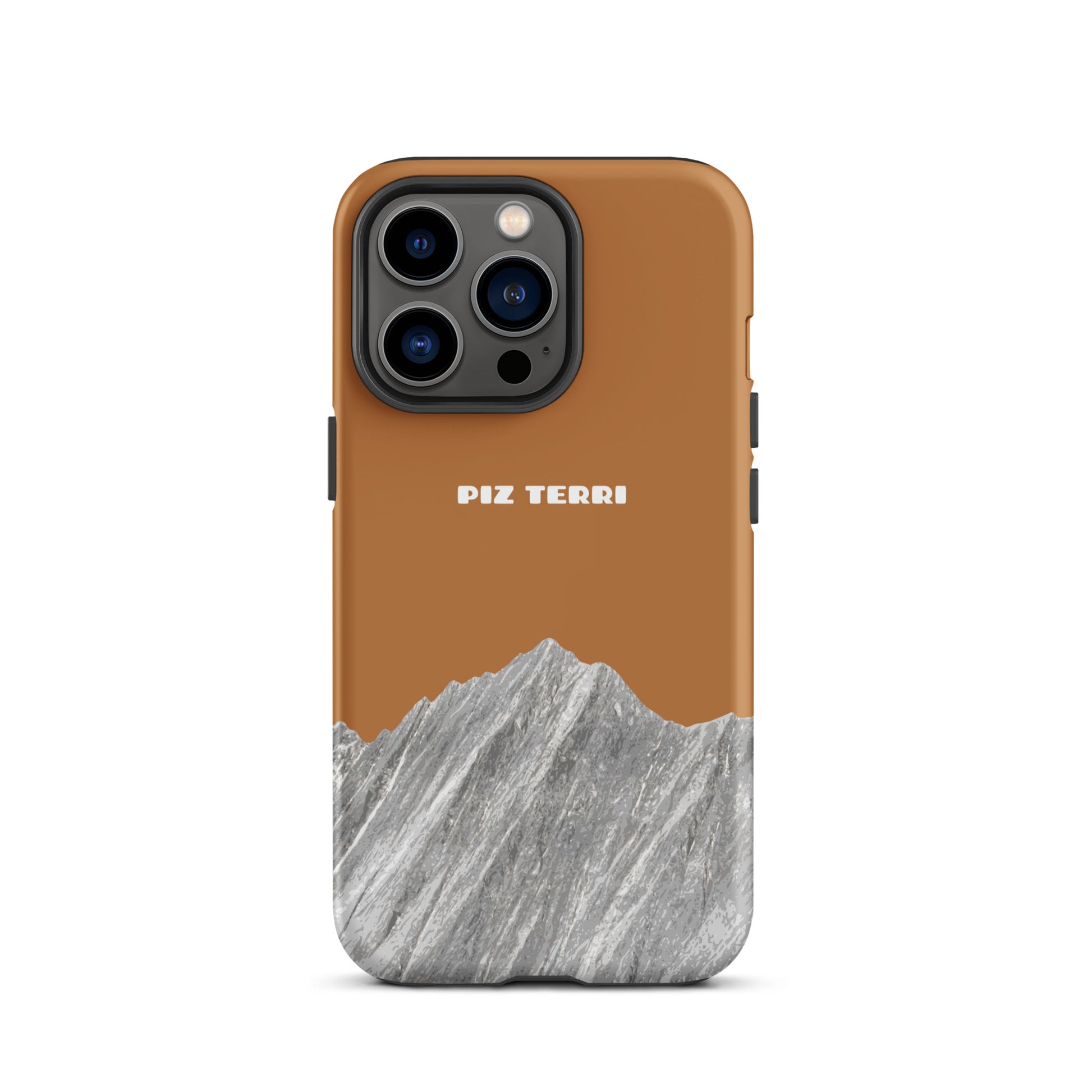 Robuste iPhone-Hülle in Kupferoptik mit Piz Terri Motiv, Frontansicht.
